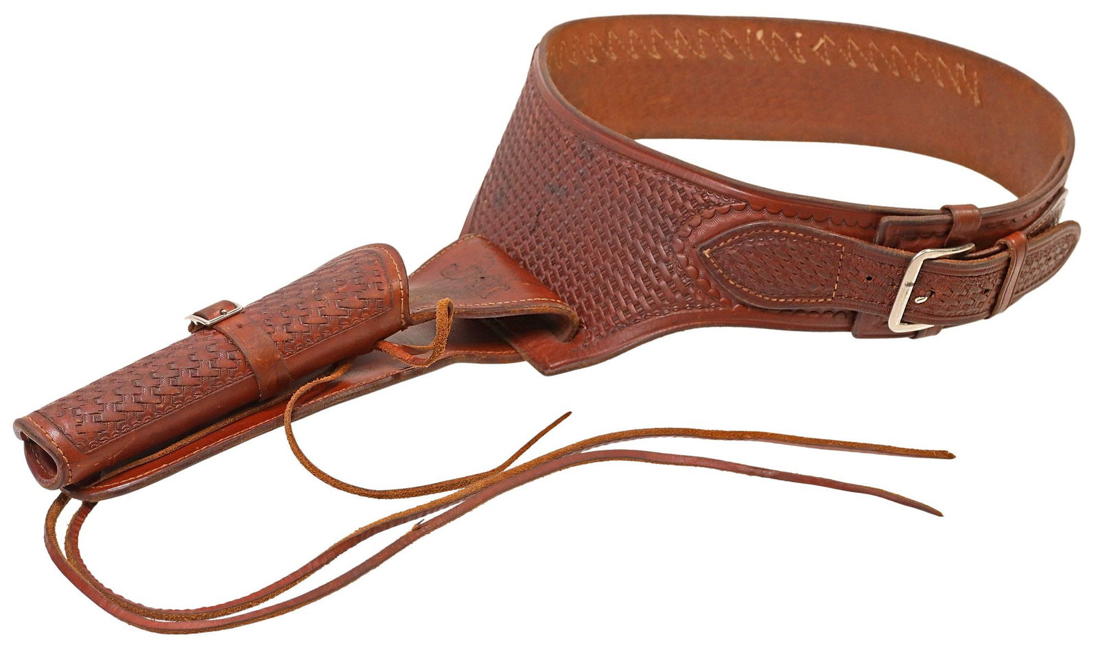 VIKING TOOLED LEATHER BASKETWEAVE DESIGN GUN BELT & HOLSTER, MEXICO: Western tooled leather gun belt, Viking, Mexico, single holster with stamped monogram J.K., used for a long barrel revolver, fitted with 21 ammunition loops, with tooled basketweave design and st