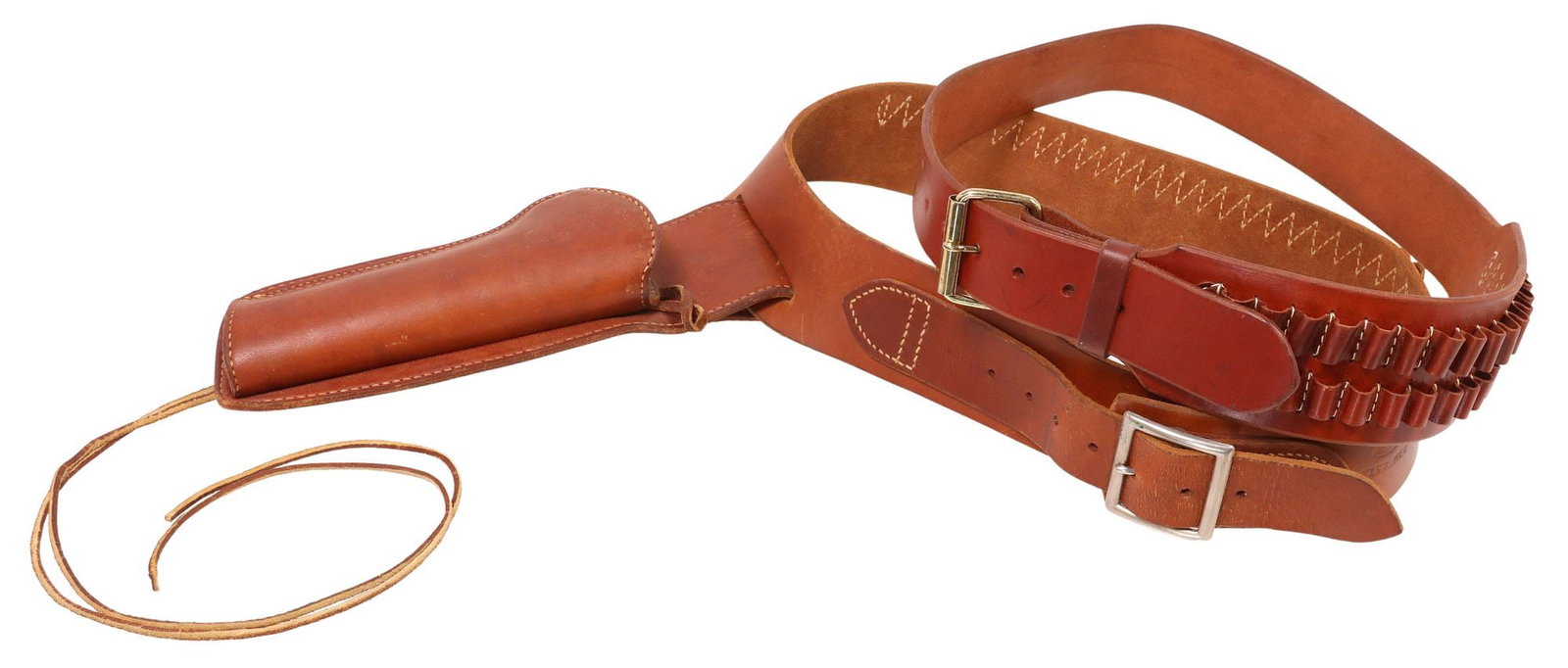 (2) WESTERN TAN LEATHER GUN BELTS, TRIPLE K BRAND & HUNTER 'BUSCADERO': (lot of 2) Western tan leather gun belts, including: (1) Hunter Company "Buscadero" belt, marked size 158 MED, fitted with revolver holster and twenty-five ammunition slots, verde patin