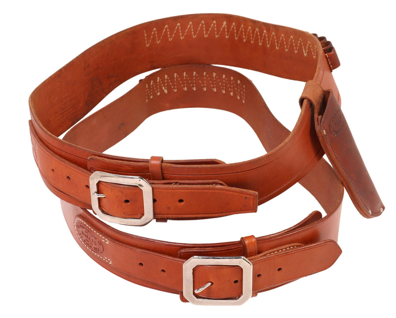 (2) EL PASO SADDLERY WESTERN LEATHER GUN BELTS, 1 WITH MOORE SCABBARD: (lot of 2) Western tan leather gun belts, El Paso Saddlery Company, each in patinated leather with contrast white stitching, including: (1) marked size 45, having twenty ammunition slot