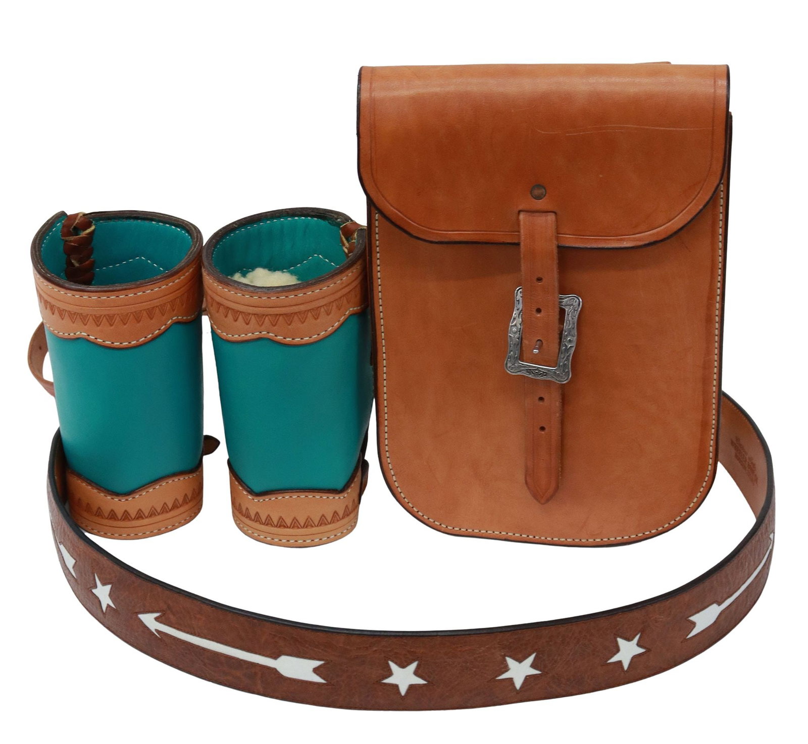 (4) WESTERN LEATHER ACCESSORIES CUFFS, PURSE, BELT: (lot of 4) Western leather accessories, including: (2) turquoise and tooled leather wrist cuffs, approx 6.75"l (end to end), 10"circumference (at widest part); (1) brown leather belt, with w