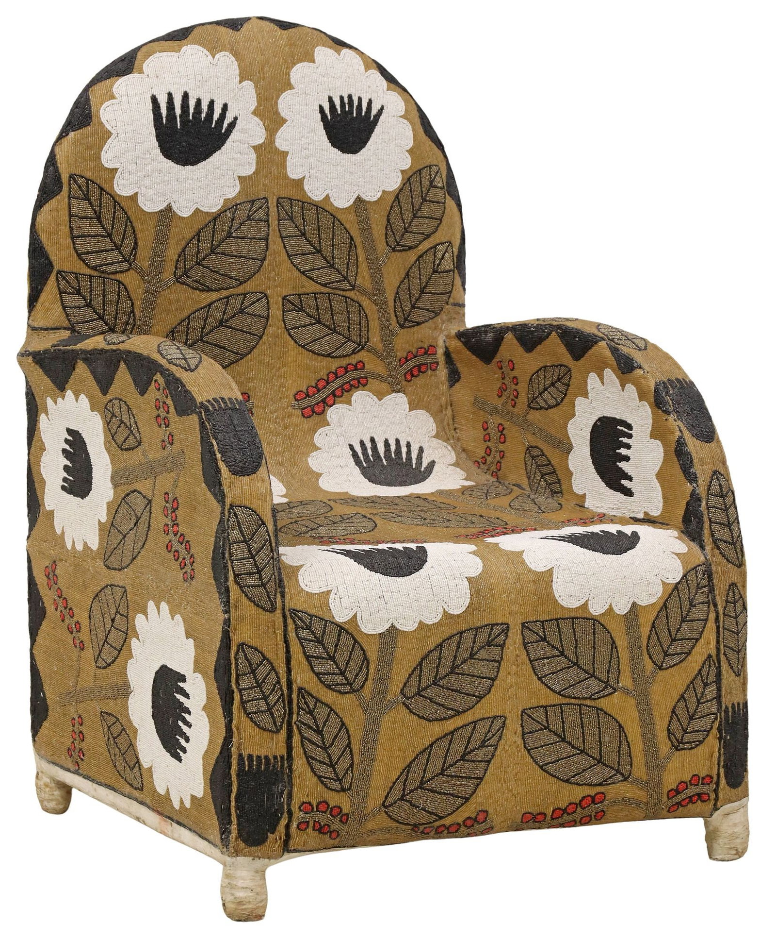 AFRICAN YORUBA GLASS-BEADED FLORAL ARMCHAIR: African Yoruba glass-beaded armchair, 20th c., having glue applied multi-colored beads depicting flower motifs, rounded back, ending on block feet, retaining retail tag underside, some small typical b