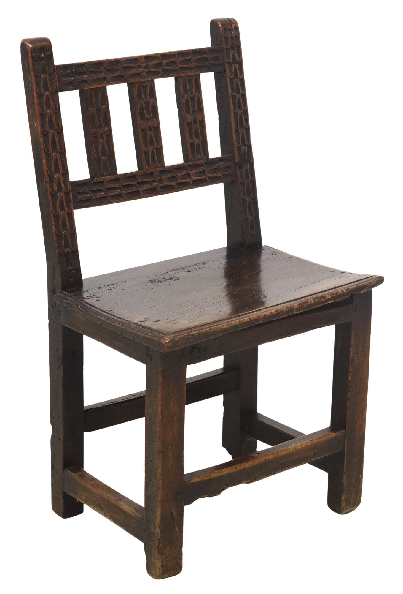 RUSTIC SPANISH CARVED SIDE CHAIR, 18TH C.: Rustic Spanish wood side chair, 18th c., carved vertical splats above a plank seat with molded edge, on stretcher-joined supports, approx 33"h, 19"w, 16"d, seat height: approx 17.5"