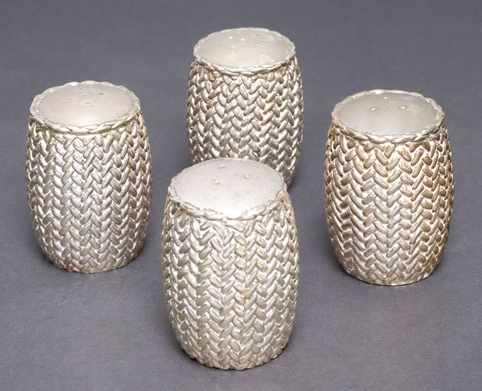 (4) TANE MEXICO SILVER WOVEN PATTERN SALT & PEPPER SHAKERS: (lot of 4) Sterling silver salt and pepper shakers, Tane Orfebres, Mexico City, Mexico, woven pattern in relief, (two) three hole, (two) five hole, marked Tane/ ME-32/ Mexico/ 925, approx 2"h; 14