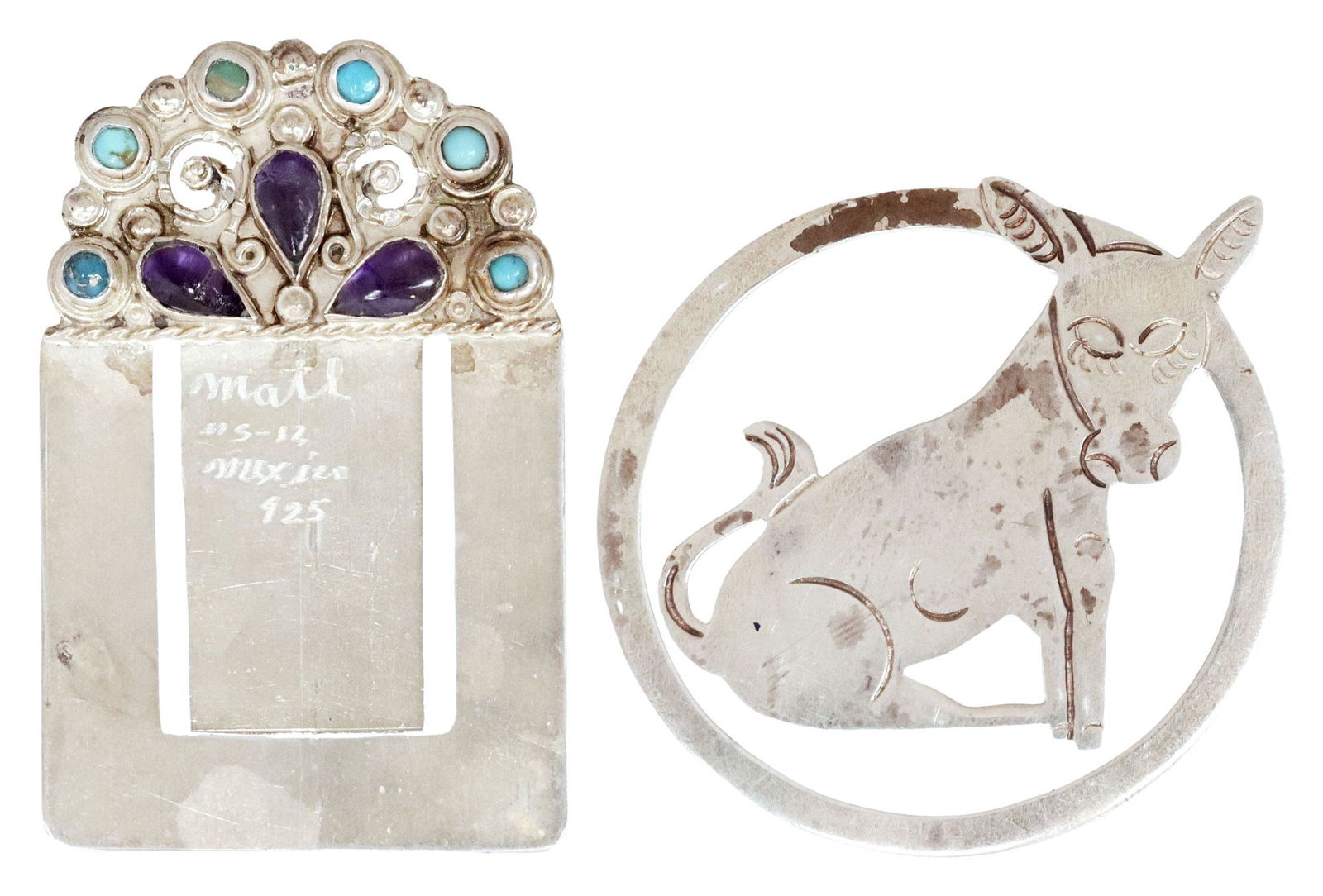 (2) MATILDE POULAT & OTHER STERLING BOOKMARKS PAGE HOLDERS, MEXICO: (lot of 2) Sterling silver bookmarks or page holders, Mexico, including: (1) Matilde Poulat (d.1960) and Ricardo Salas (d.2007), shaped crest set with turquoise and amethyst, marked Matl/ MS-12/