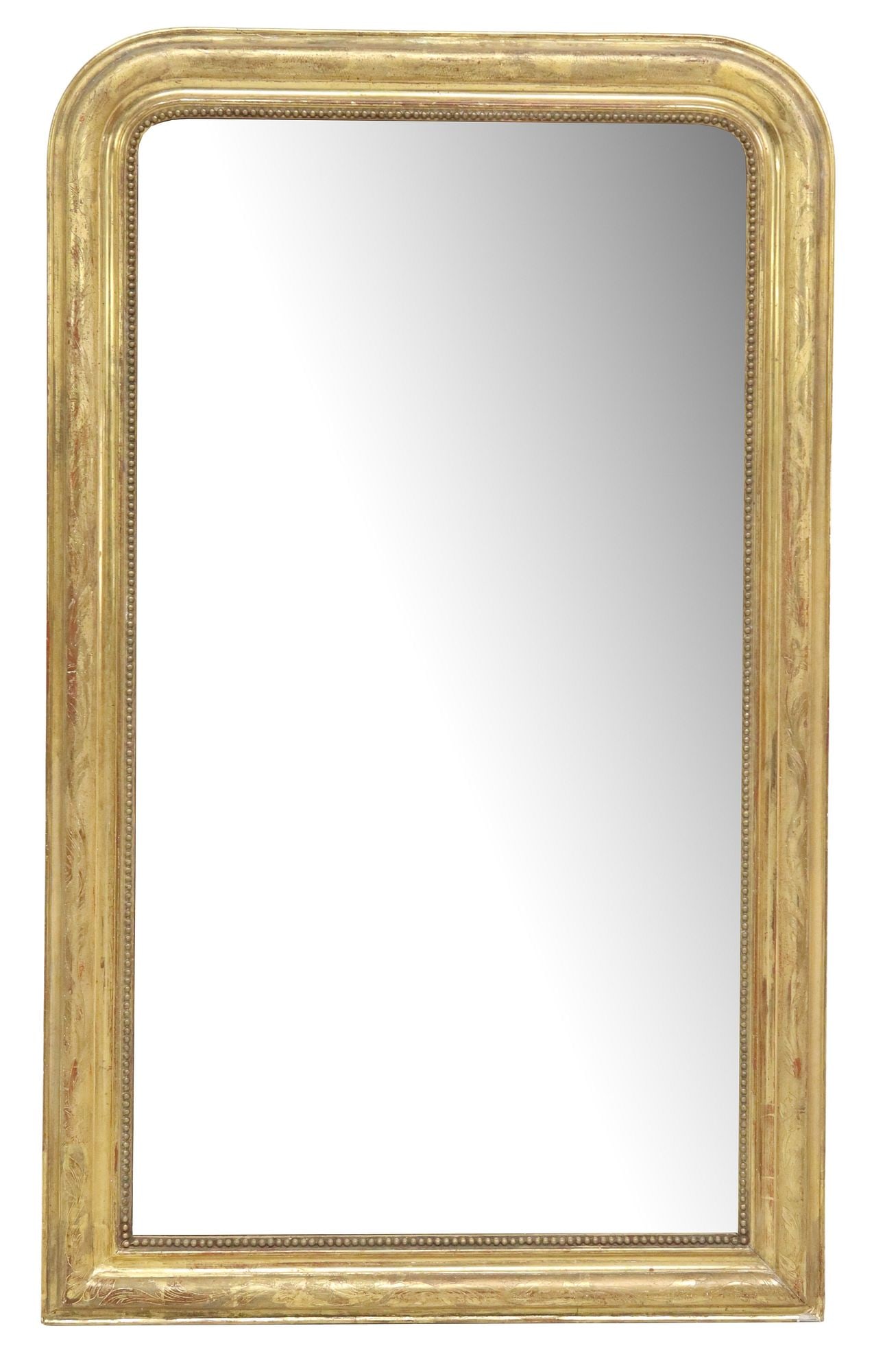 FRENCH LOUIS PHILIPPE PERIOD GILTWOOD MIRROR: French Louis Philippe period giltwood mirror, mid 19th c., having arched frame with beaded trim, encasing mirror plate, approx 54.5"h, 32.5"w, 52lbs