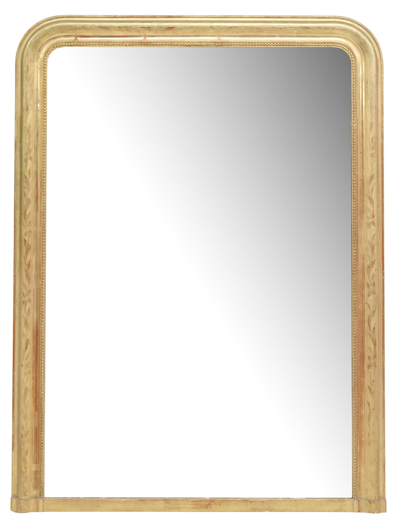 FRENCH LOUIS PHILIPPE PERIOD GILTWOOD MIRROR: French Louis Philippe period giltwood mirror, mid 19th c., having shaped frame with incised foliates and beaded trim, encasing later flat mirror plate, approx 57"h, 42"w, 54lbs