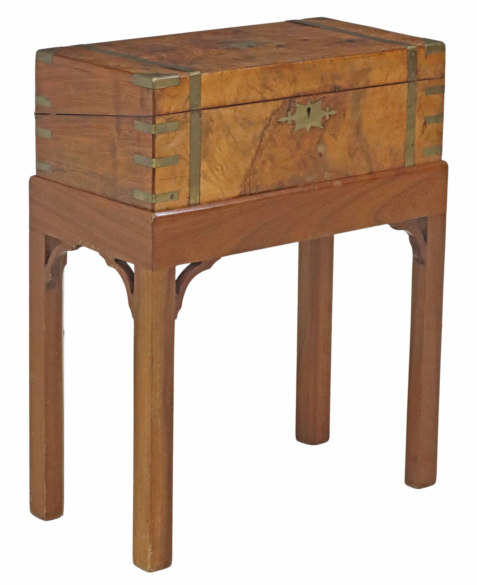 (2PCS) ENGLISH BRASS-BOUND WALNUT WRITING SLOPE/ TRAVEL DESK ON STAND: (2 pieces) English brass-bound figured walnut writing slope/ travel desk, late 19th c./ early 20th c. hinged top centering vacant cartouche, opening to pen and ink receptacles, inset gilt embosse