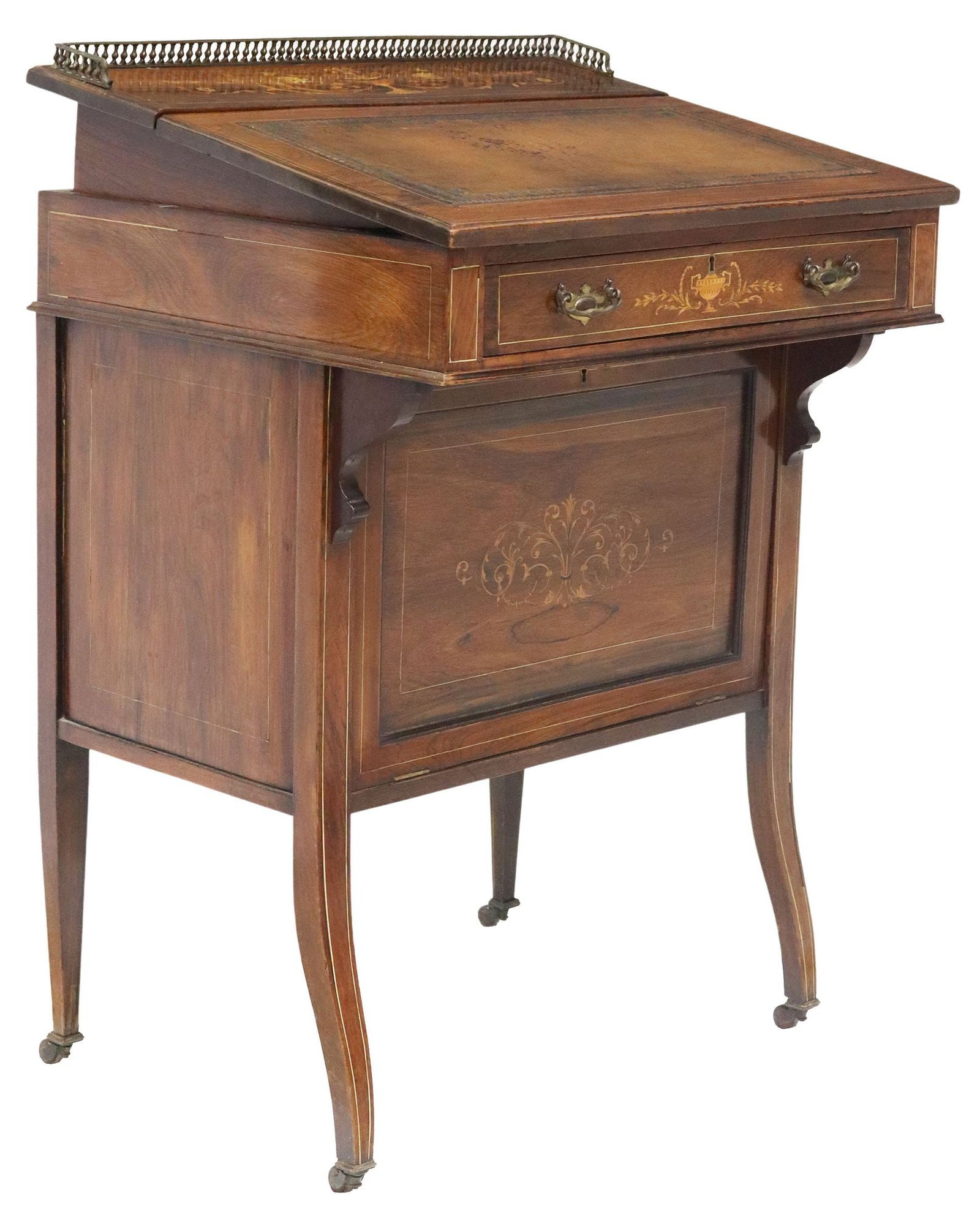 ENGLISH EDWARDIAN ROSEWOOD MARQUETRY DAVENPORT WRITING DESK: English rosewood marquetry Davenport writing desk, late 19th/ early 20th c., having pierced three quarters gallery, hinged compartment with divided storage, inset leather writing surface, on