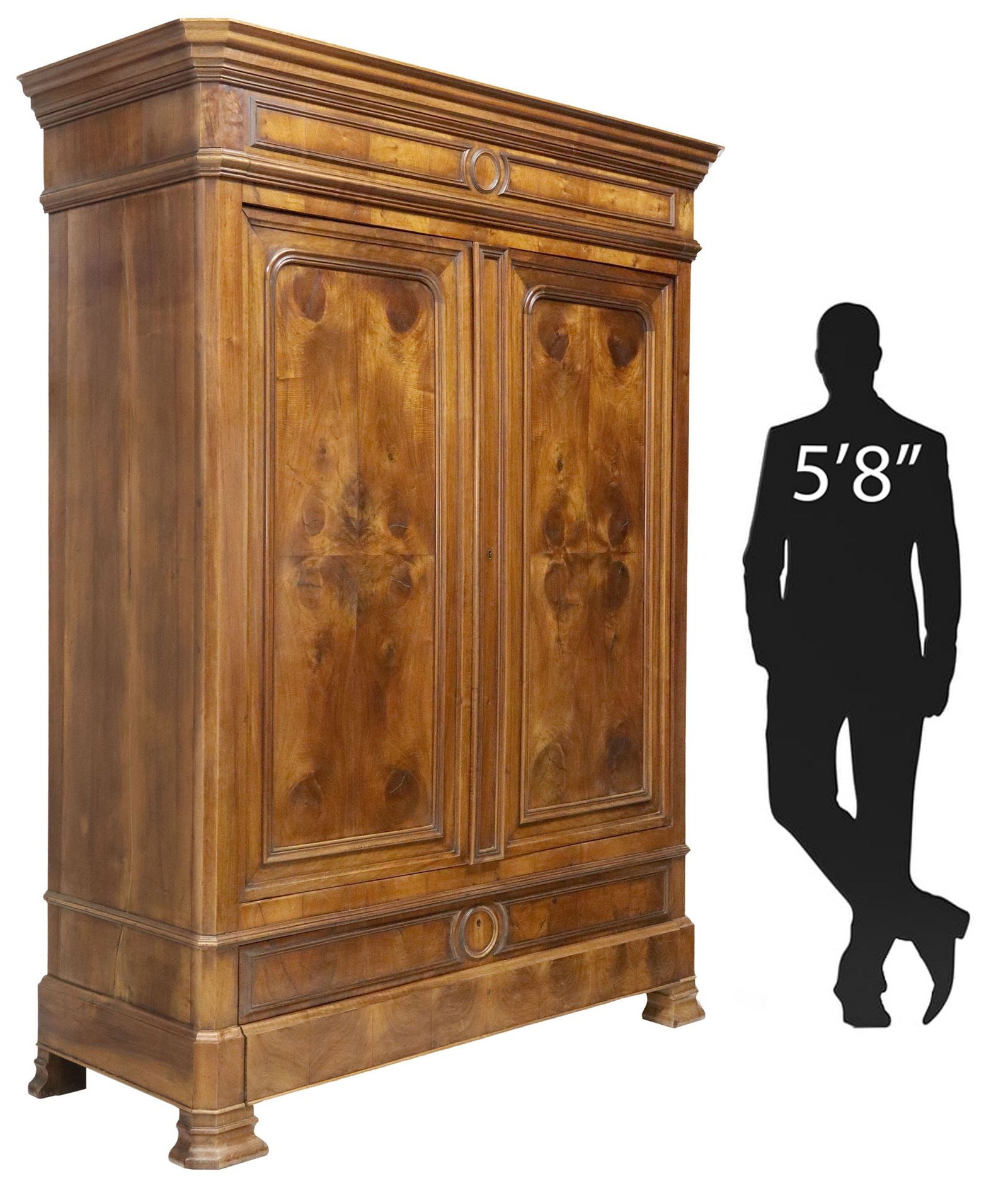 FRENCH LOUIS PHILIPPE PERIOD BURL WALNUT CABINET: French Louis Philippe period burl walnut armoire, mid 19th c., now fashioned as a cabinet, having stepped cornice, over dual cabinet doors, revealing interior now fitted for adjustable-height she