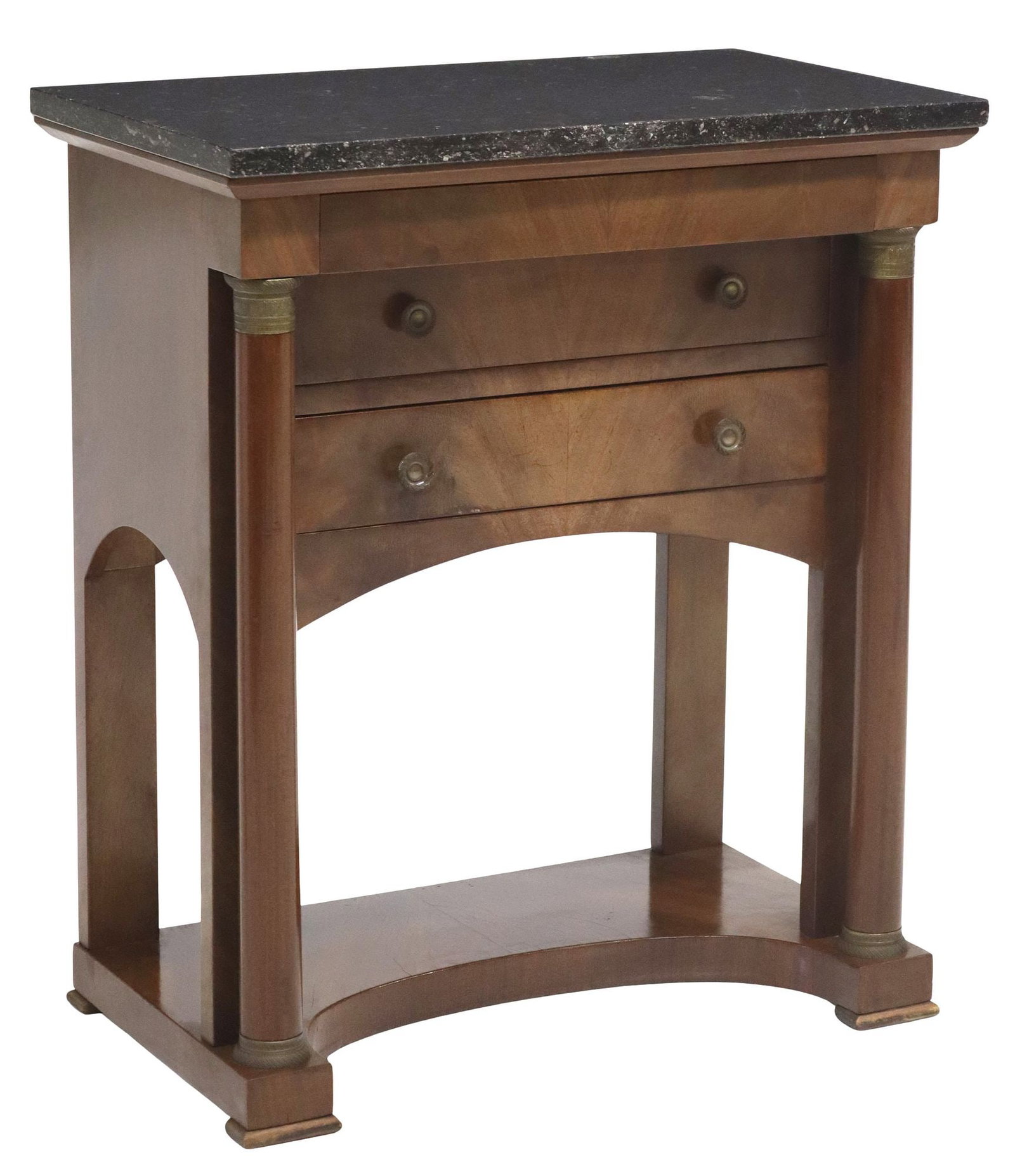 EMPIRE STYLE MARBLE-TOP MAHOGANY 3-DRAWER CONSOLE TABLE: French Empire style matched veneer mahogany console table, late 19th c., having rectangular marble top, over frieze drawer and two standard drawers, framed by columnar supports, on shaped platform bas