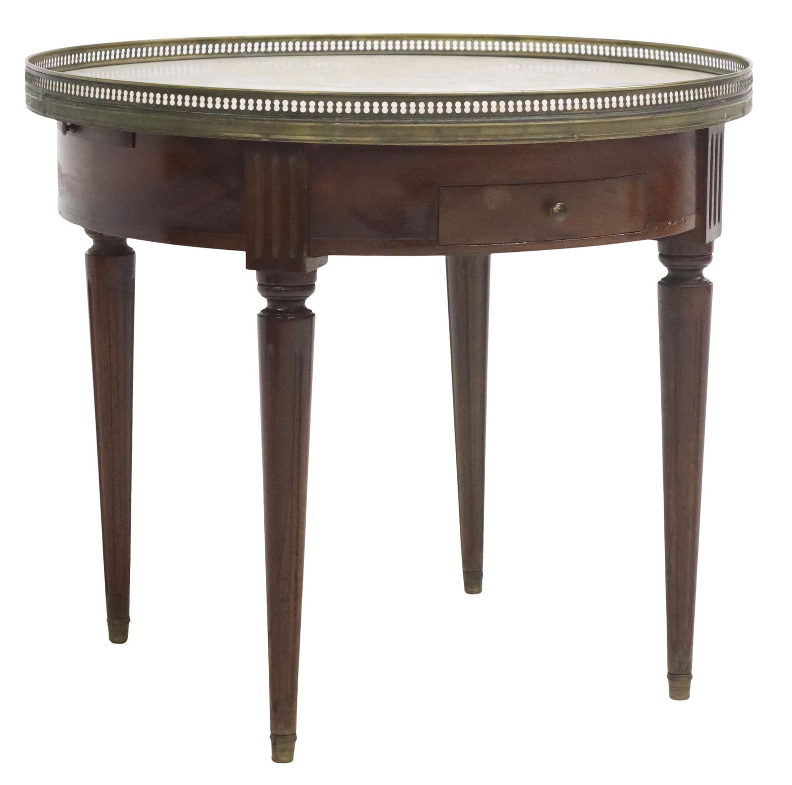 FRENCH LOUIS XVI STYLE BOUILLOTTE-TYPE COFFEE TABLE: French Louis XVI style bouillotte-type coffee table, 20th c., pierced brass gallery enclosing the marble top, two drawers, two leather-inset slides, on tapering fluted legs, approx 20.75"h, 