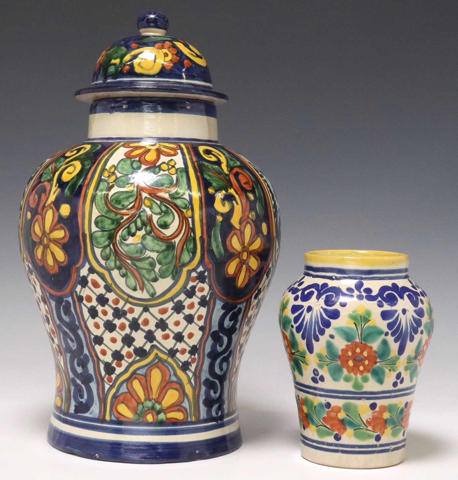 (2) TALAVERA POTTERY VASE & COVERED JAR, MEXICO: (lot of 2) Talavera pottery vases, Mexico, including: (1) large vase and cover, marked underfoot Talavera/ Jose Maria/ Mexico, approx 15.25"h, 9.25"diam, (1) small vase, marked underfoot 4.P