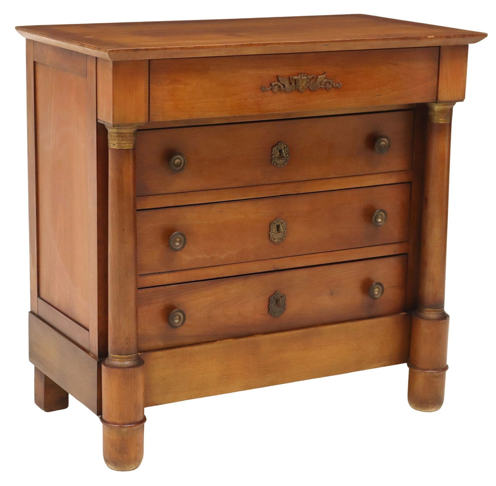 FRENCH EMPIRE STYLE MAHOGANY 4-DRAWER COMMODE: French Empire style mahogany commode, early 20th c., having rectangular top, above four drawers, flanked by columnar supports, rising on cylindrical feet, approx 33"h, 34.25"w, 18.75"d