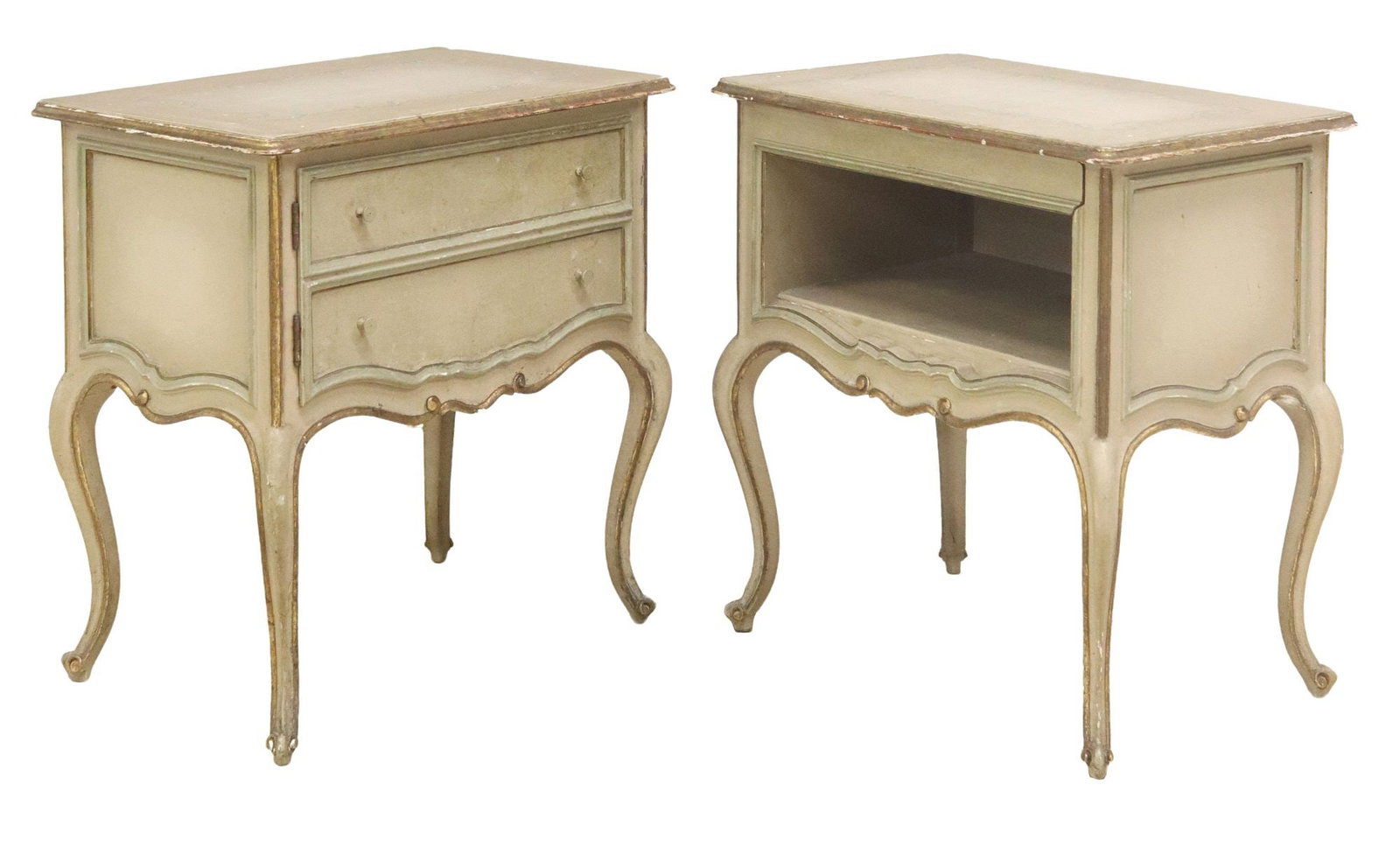 (2) ITALIAN VENETIAN LOUIS XV STYLE PAINT DECORATED NIGHTSTANDS: (pair) Italian Venetian Louis XV style paint decorated nightstands, early 20th c., rounded rectangular top with painted foliate scrollwork, over open storage compartment, parcel gilt trim, rising on c