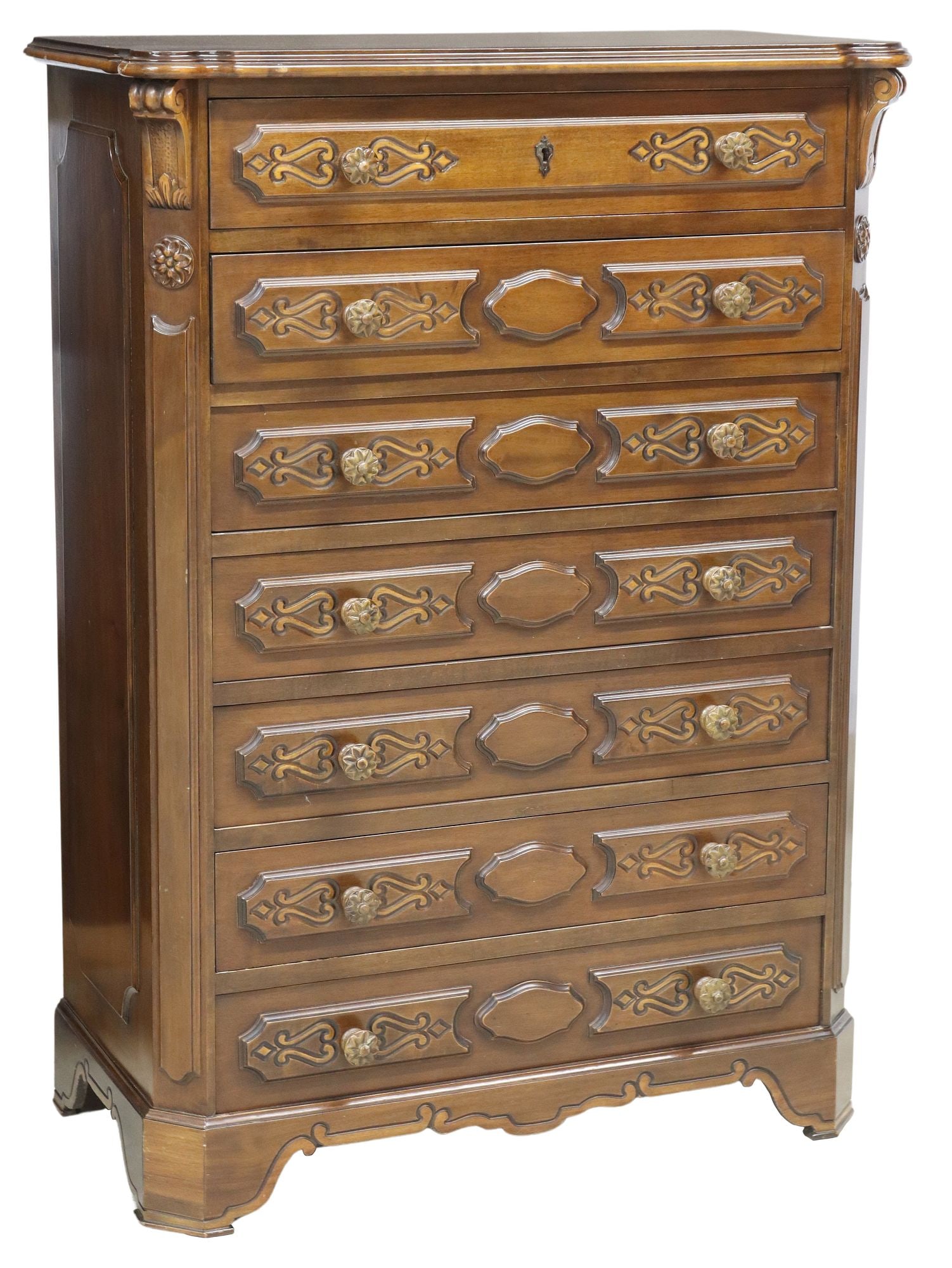 ITALIAN WALNUT CHEST OF SEVEN DRAWERS: Italian carved walnut chest, 20th c., having shaped top, above seven paneled drawers, rising on bracket feet, approx 51.5"h, 36.5"w, 18.25"d