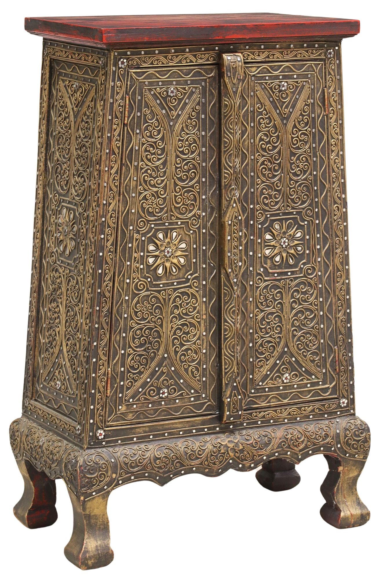 SOUTHEAST ASIAN MOSAIC HARDWOOD SMALL CABINET: Southeast Asian mosaic hardwood small cabinet, likely Thailand, 20th c., having rectangular top, paint-decorated with intentional distress, carved parcel gilt scrolled motifs, glass inlay throughout,