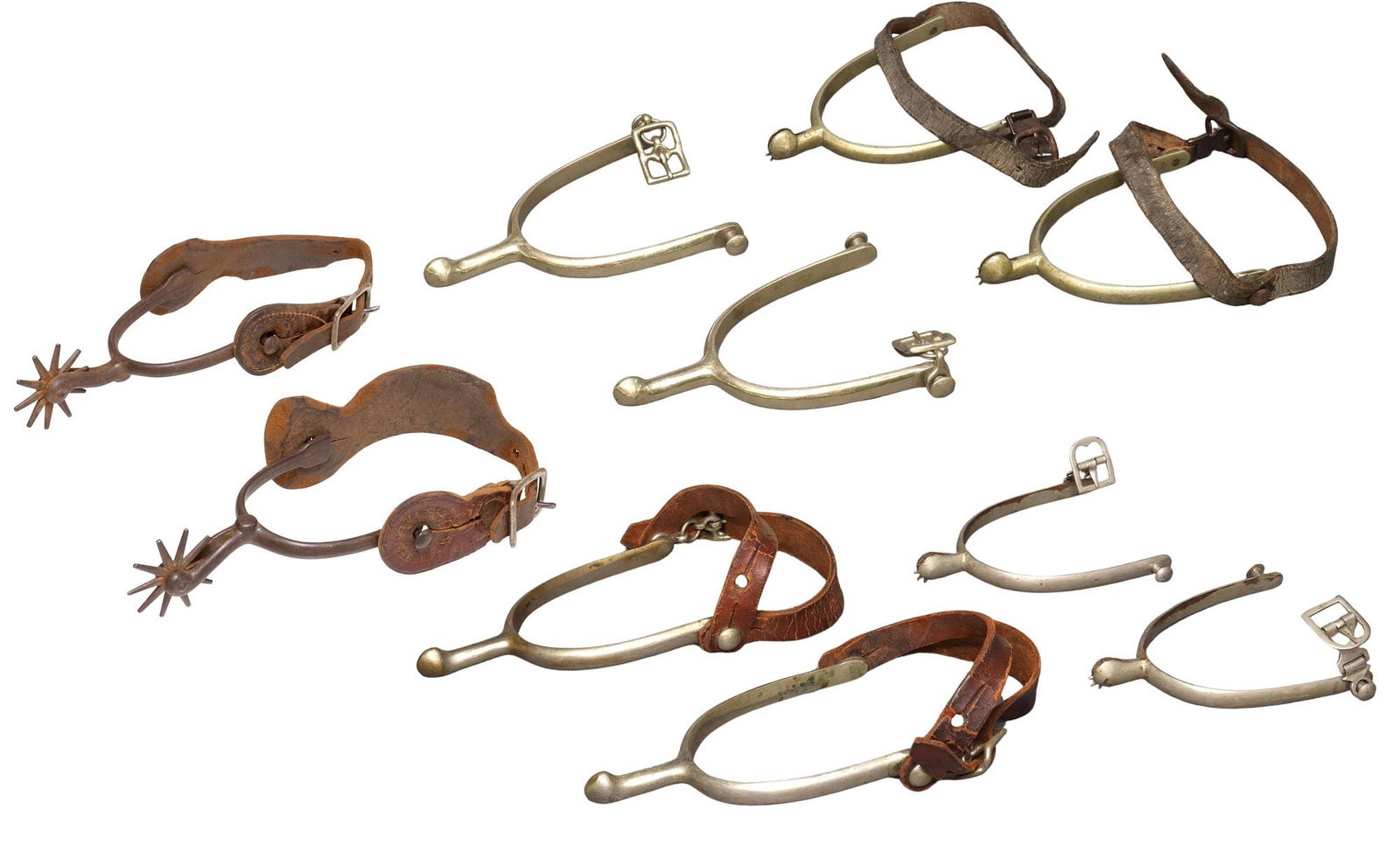 (5 PAIR) WESTERN COWBOY SPURS, BUERMANN, NORTH & JUDD, & OTHER: (5 pairs) Western cowboy riding spurs, including: (1 pair) military spurs, marked inside heelband "U.S." over "AB" for August Buermann, yoke: approx 3 1/8"w, 3.5"d;