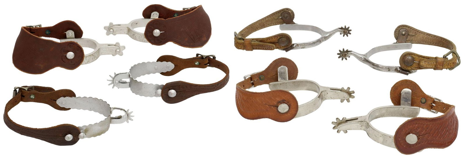 (4 PAIR) WESTERN COWBOY SPURS, BEURMANN, RENALDE & OTHER: (4 pairs) Western cowboy riding spurs, each with brown leather buckle straps, including: (1 pair) August Beurmann "Eureka" spur set, having scalloped shaft, 10 point 1.25" rowels, 