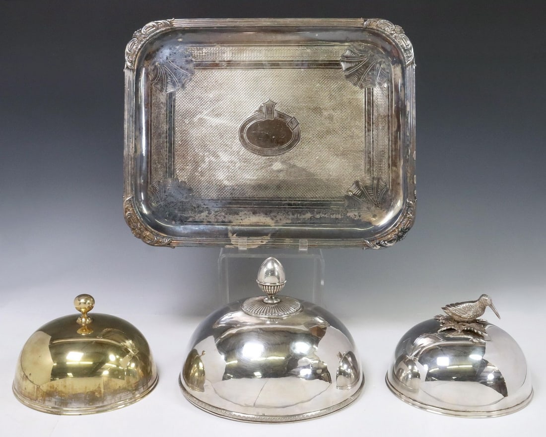 (4) SILVERPLATE CHEESE DOMES & SERVING TRAY: (lot of 4) Silverplate serviceware, including: (3) cheese domes, (one) with bird-form finial, illegible mark, approx 5.5"h, 8 1/8"diam, (one) palm spade patterned trim, acorn finial, il
