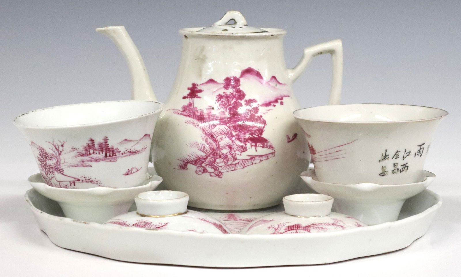 (8) CHINESE PORCELAIN CAMAIEU TEA SET: (lot of 8) Chinese porcelain tete-a-tete tea service, camaieu decoration of landscapes with calligraphy inscriptions, retaining partial wax export seal, including: (1) teapot approx 5.75"h, 7&quo