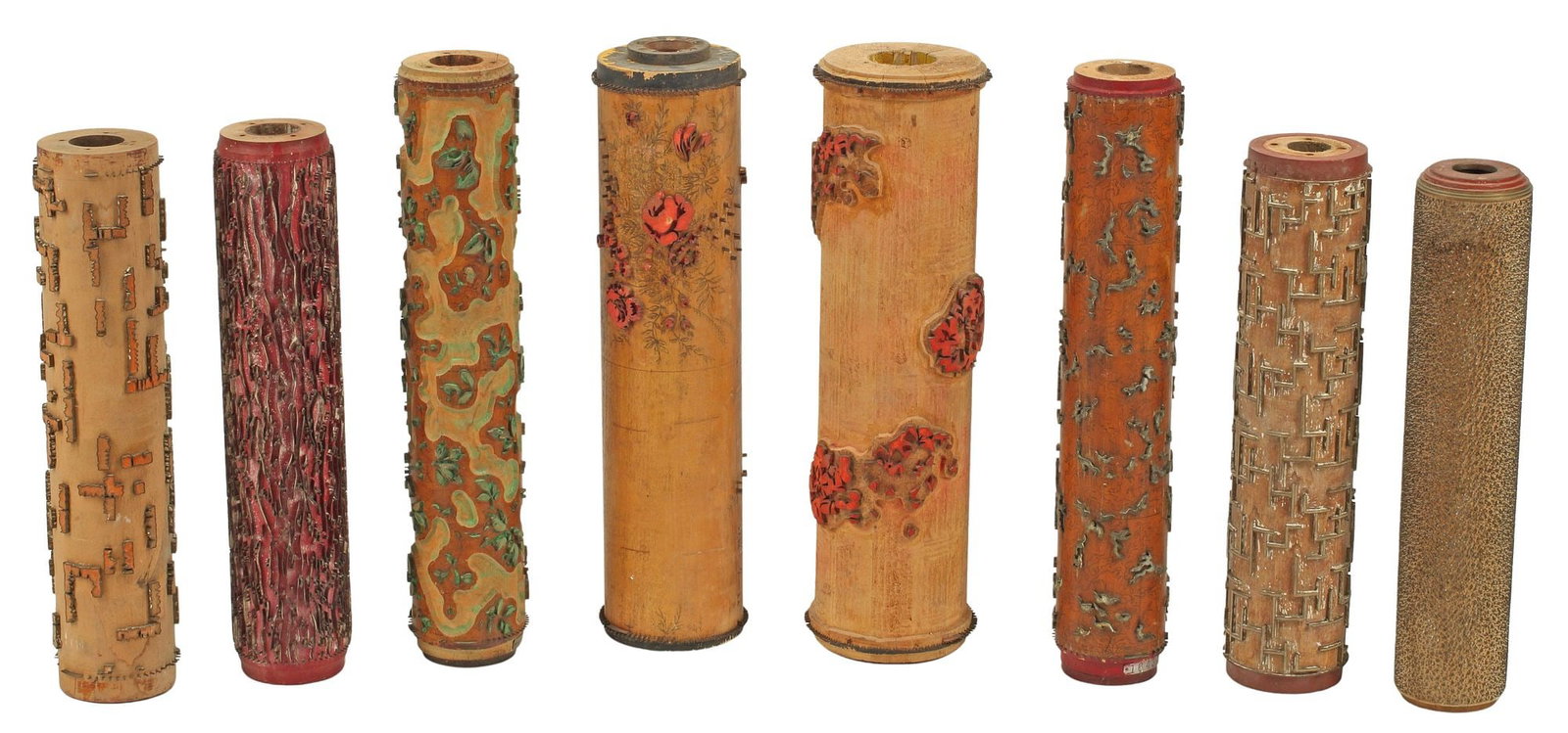 (8) COLLECTION OF CYLINDER PRINTING ROLLS: (lot of 8) Wood and metal printing rolls, each cylinder with varied floral, geometric and textural designs, some marked Belgium or Holland; largest: approx 22"h, 6.5"diam