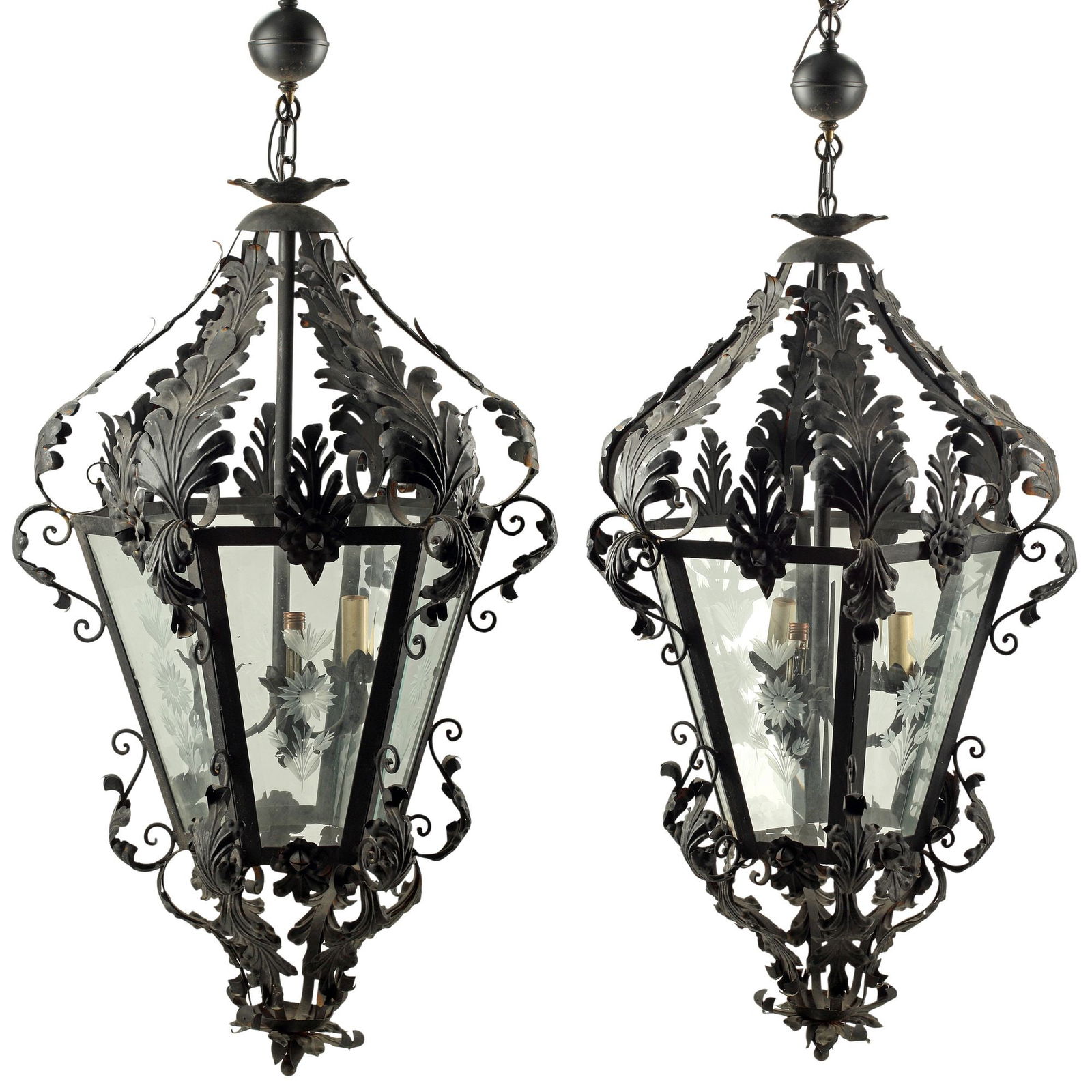 (2) MONUMENTAL TOLE & WROUGHT IRON HEXAGONAL HANGING LANTERNS, 48"H (1 of 7)