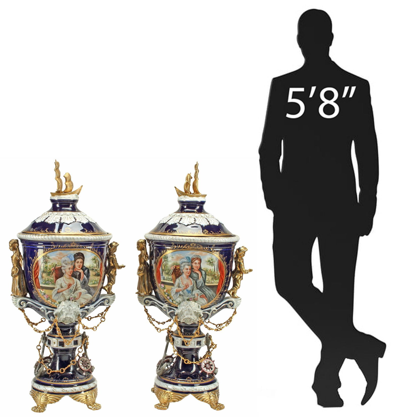 (2) LARGE SEVRES STYLE PARCEL-GILT PORCELAIN NAUTICAL VASES & COVERS, 32"H (1 of 11)