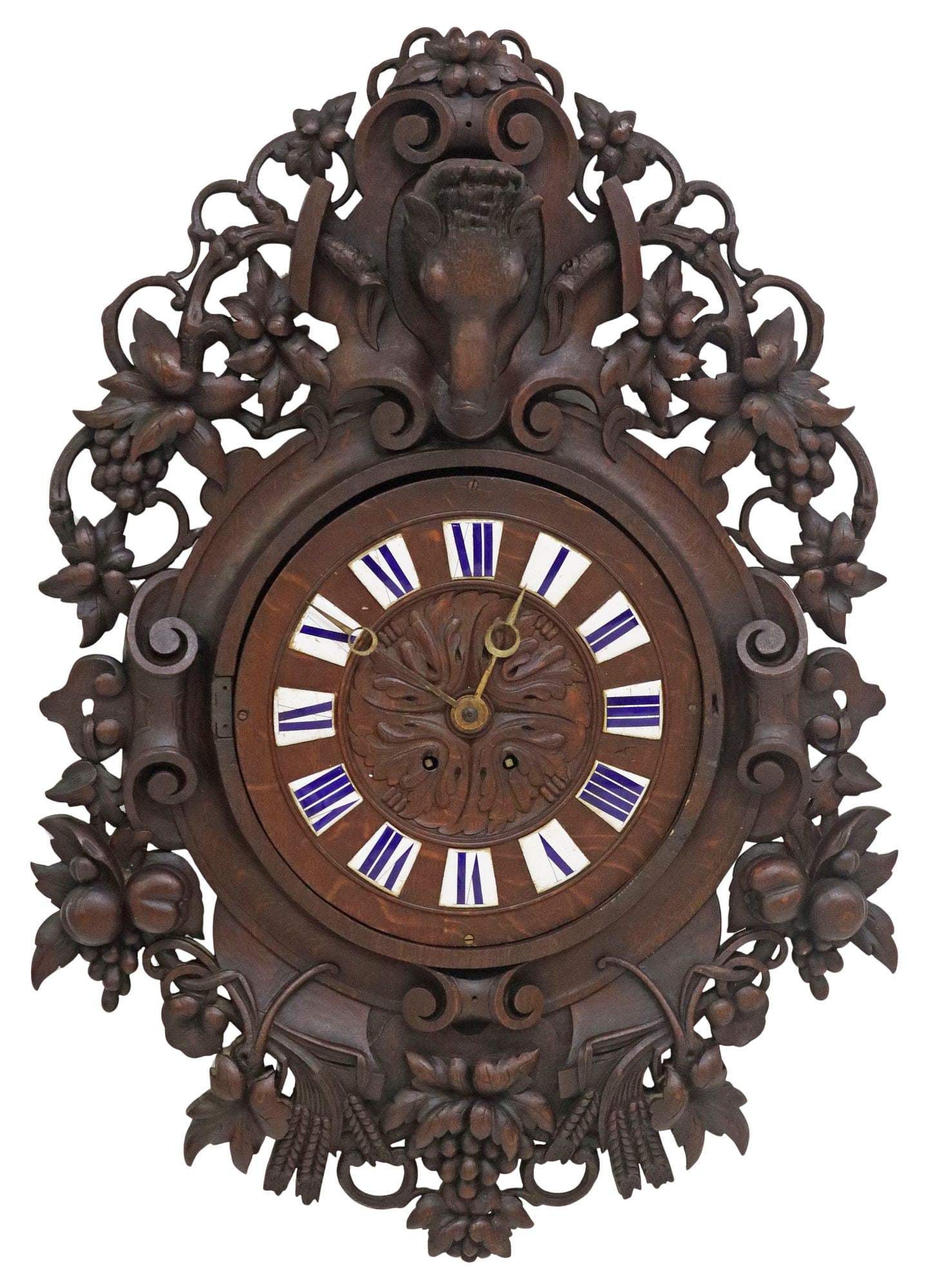BLACK FOREST CARVED OAK BOAR & HARVEST MOTIF WALL CLOCK (1 of 5)