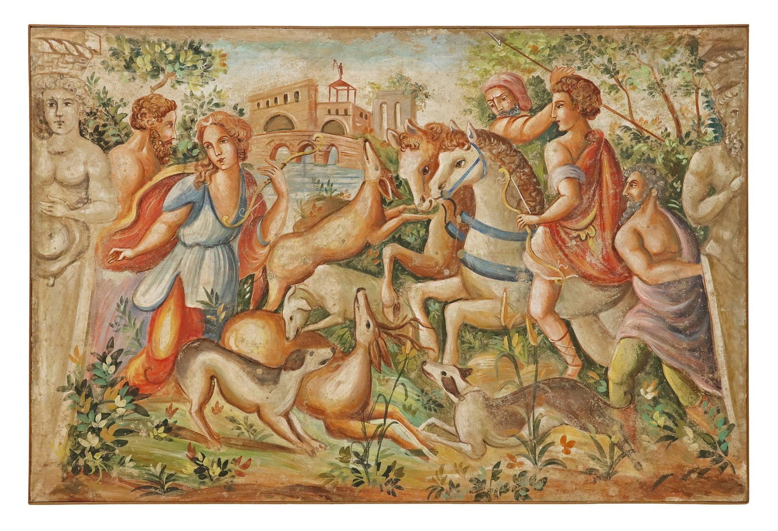 MYTHOLOGICAL FRESCO MOUNTED TO CANVAS, 47.5" X 71": Framed fresco on stretched canvas, Diana Hunting Deer, verso canvas marked with lion above a banner with illegible text, patched repairs to canvas, sight: approx 47.5"h, 71.25"w, overall: 48.25"h, 72"