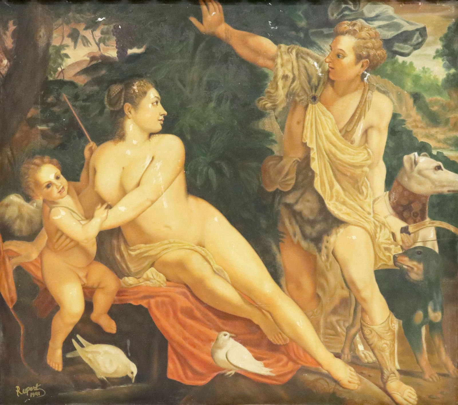 AFTER ANNIBALE CARRACCI MYTHOLOGICAL PAINTING VENUS & ADONIS: Framed oil on canvas painting, Venus, Adonis and Cupid, after Annibale Carracci (Italian, 1560-1609), signed lower left Rupert, dated 1941, significant paint losses, sight: approx 35.5"