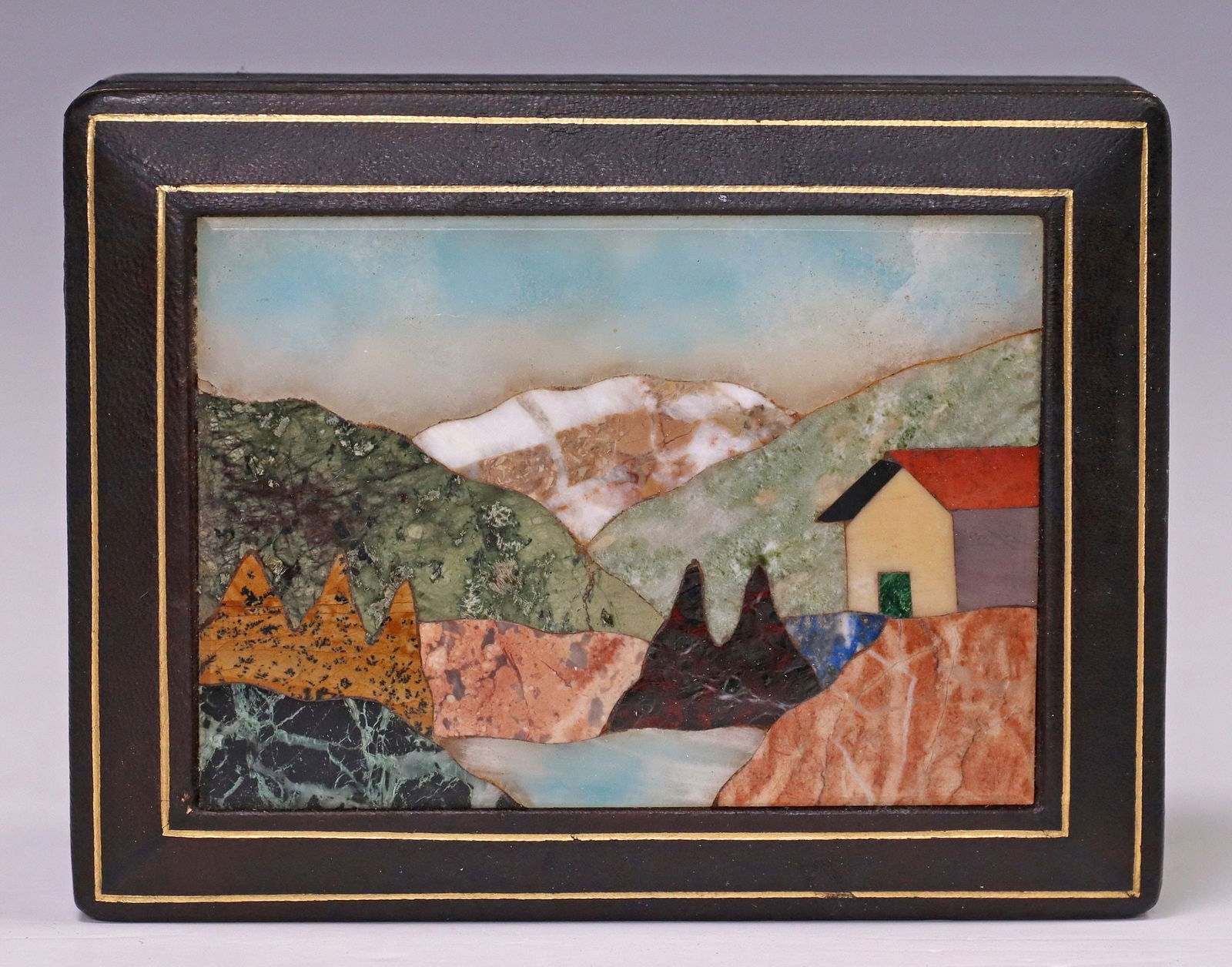 ITALIAN PARCEL GILT LEATHER & PIETRA DURA INLAID TABLE BOX (1 of 6)