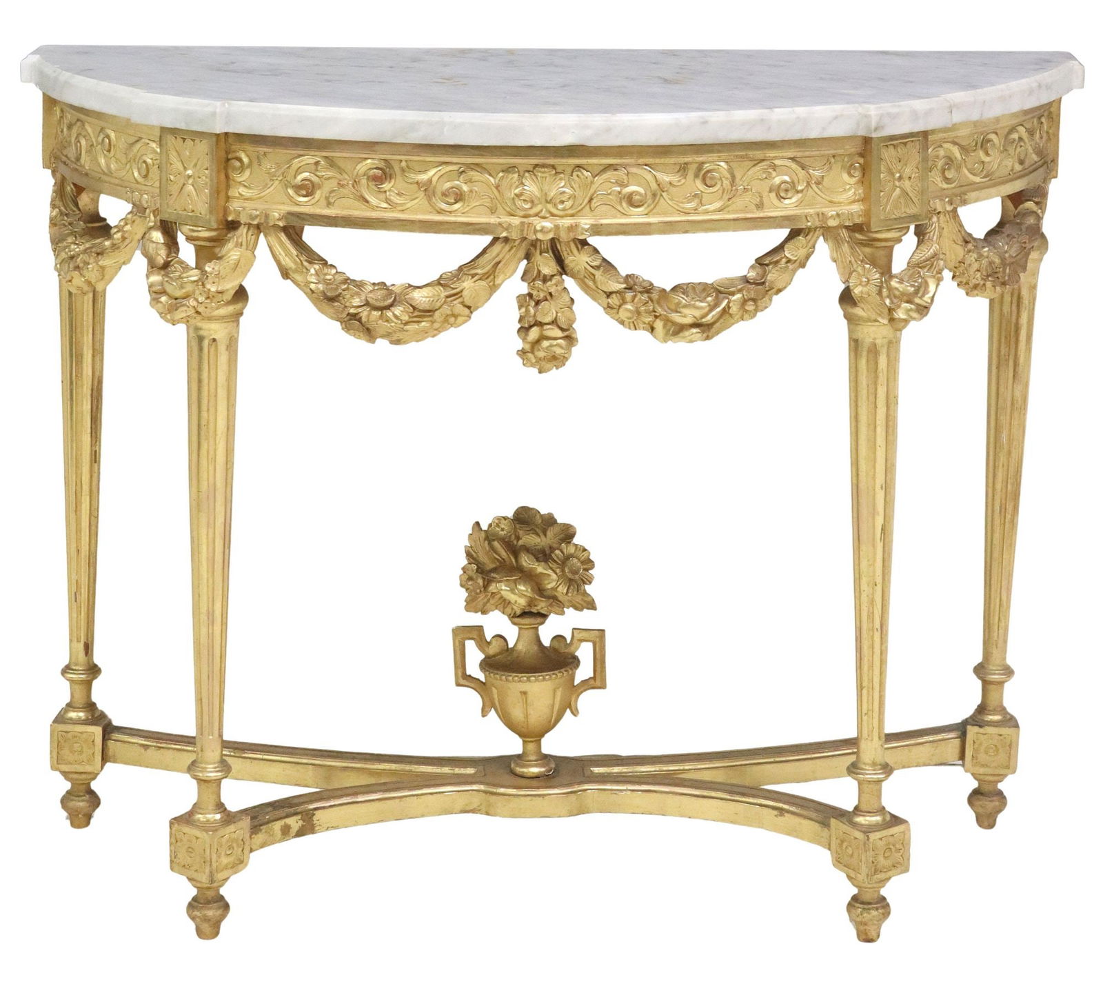 FRENCH LOUIS XVI STYLE MARBLE-TOP GILTWOOD DEMILUNE CONSOLE TABLE (1 of 3)