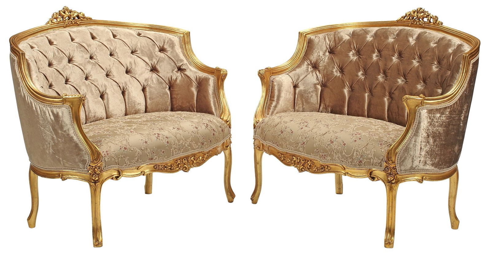(2) LOUIS XV STYLE GILT & BUTTON-TUFTED CANAPE SETTEES: (pair) Louis XV style gilt and upholstered settees, floral crest, button-tufted back and padded seat in floral upholstery, rising on cabriole legs, approx 38.5"h, 47"w, 28"d, seat height: approx 18"h