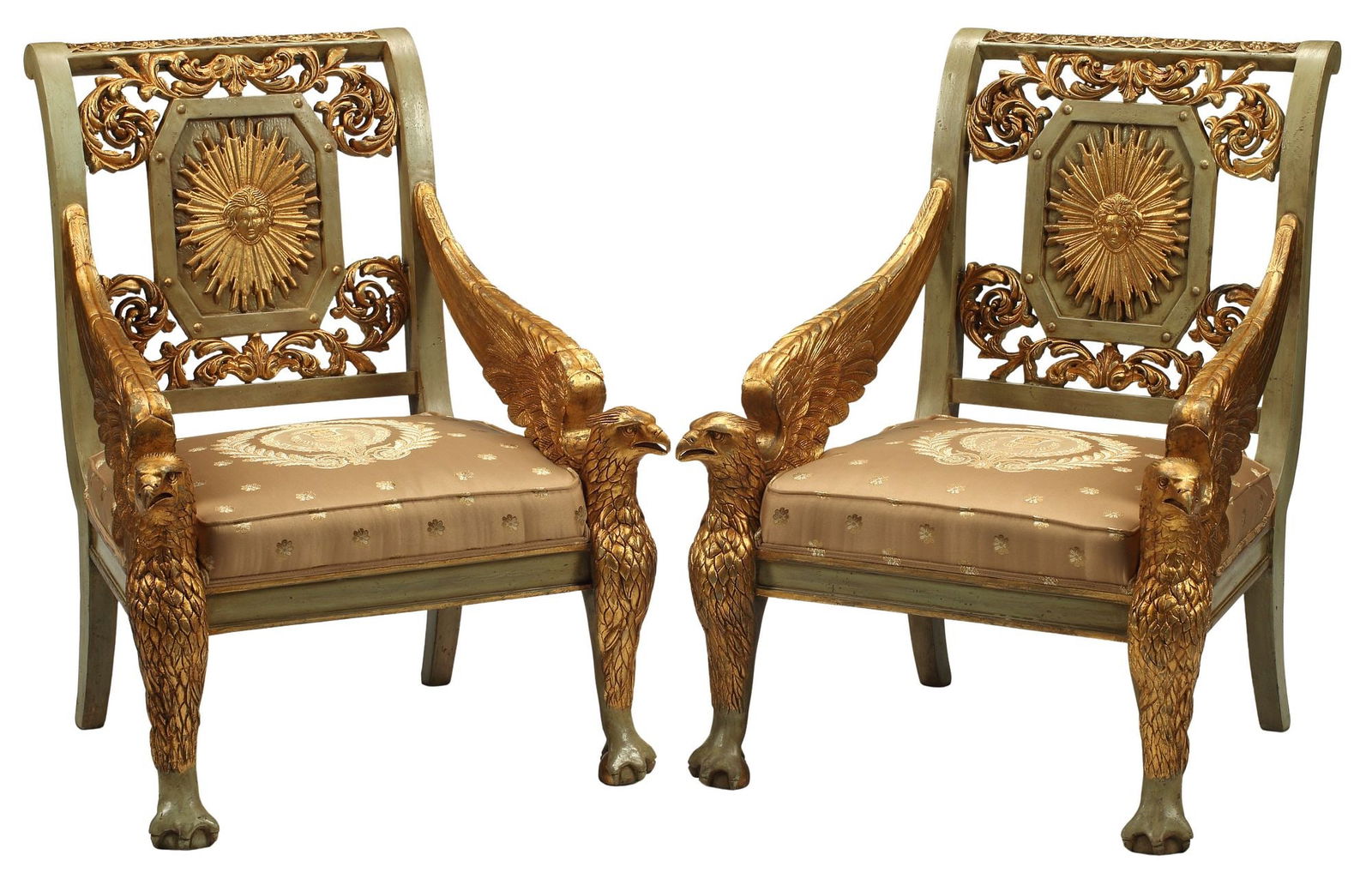 (2) NEOCLASSICAL STYLE PARCEL GILT UPHOLSTERED EAGLE MOTIF ARMCHAIRS (1 of 6)