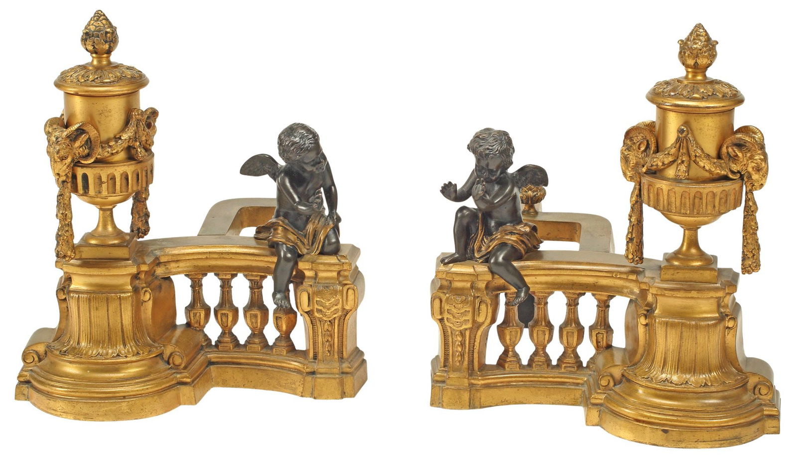 (2) FRENCH LOUIS XVI STYLE ORMOLU & PATINATED BRONZE CHERUB CHENETS (1 of 5)