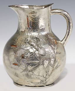 AMERICAN SILVER & MIXED-METAL JAPANESQUE WATER PITCHER: American Aesthetic Movement sterling silver and copper water pitcher, Whiting Manufacturing Company, New York, New York, late 19th c., model number 813, in the style of Edward C. Moore (American, 1827