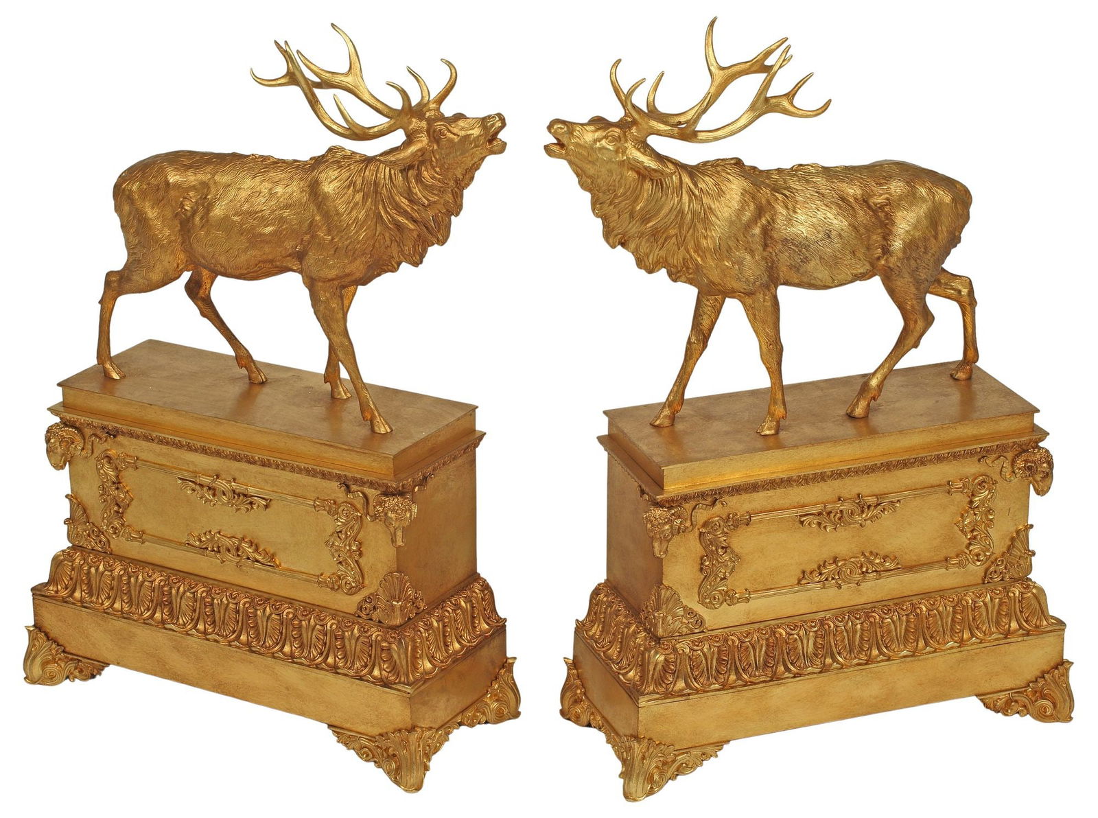 (2) LARGE ORMOLU ELK BULL SCULPTURES ON PLINTHS, 26"H X 18"L (1 of 6)