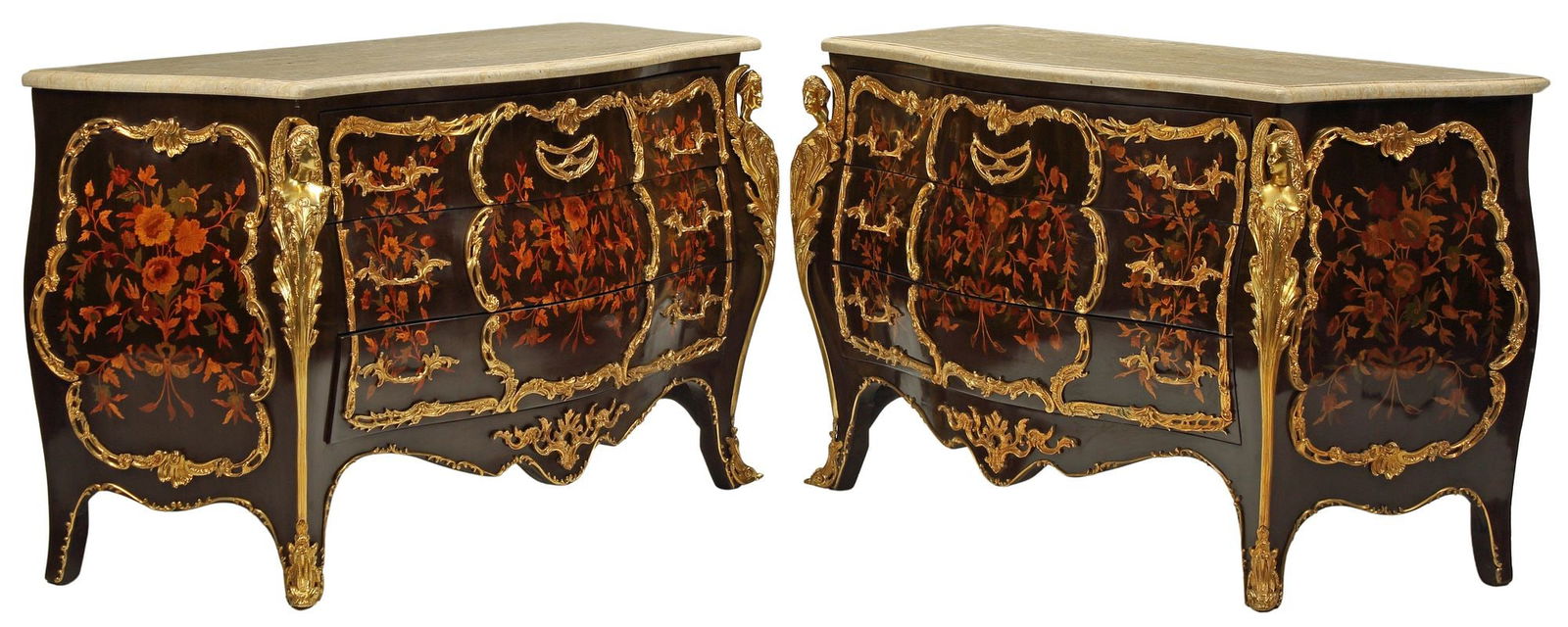 (2) LOUIS XV STYLE MARBLE-TOP MARQUETRY & ORMOLU BOMBE COMMODES (1 of 7)