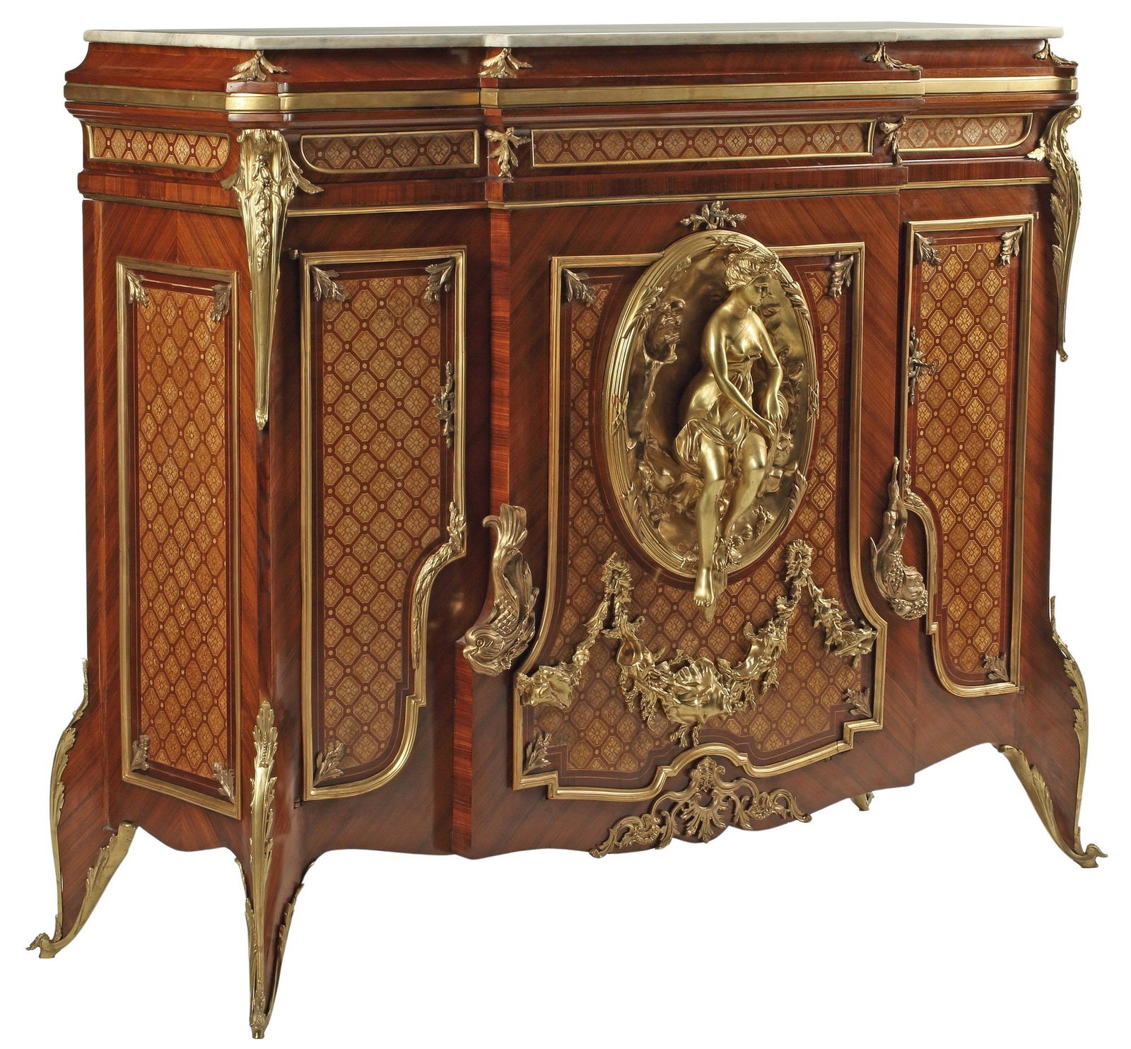 LOUIS XV STYLE MARBLE-TOP ORMOLU-MOUNTED PARQUETRY CABINET (1 of 5)