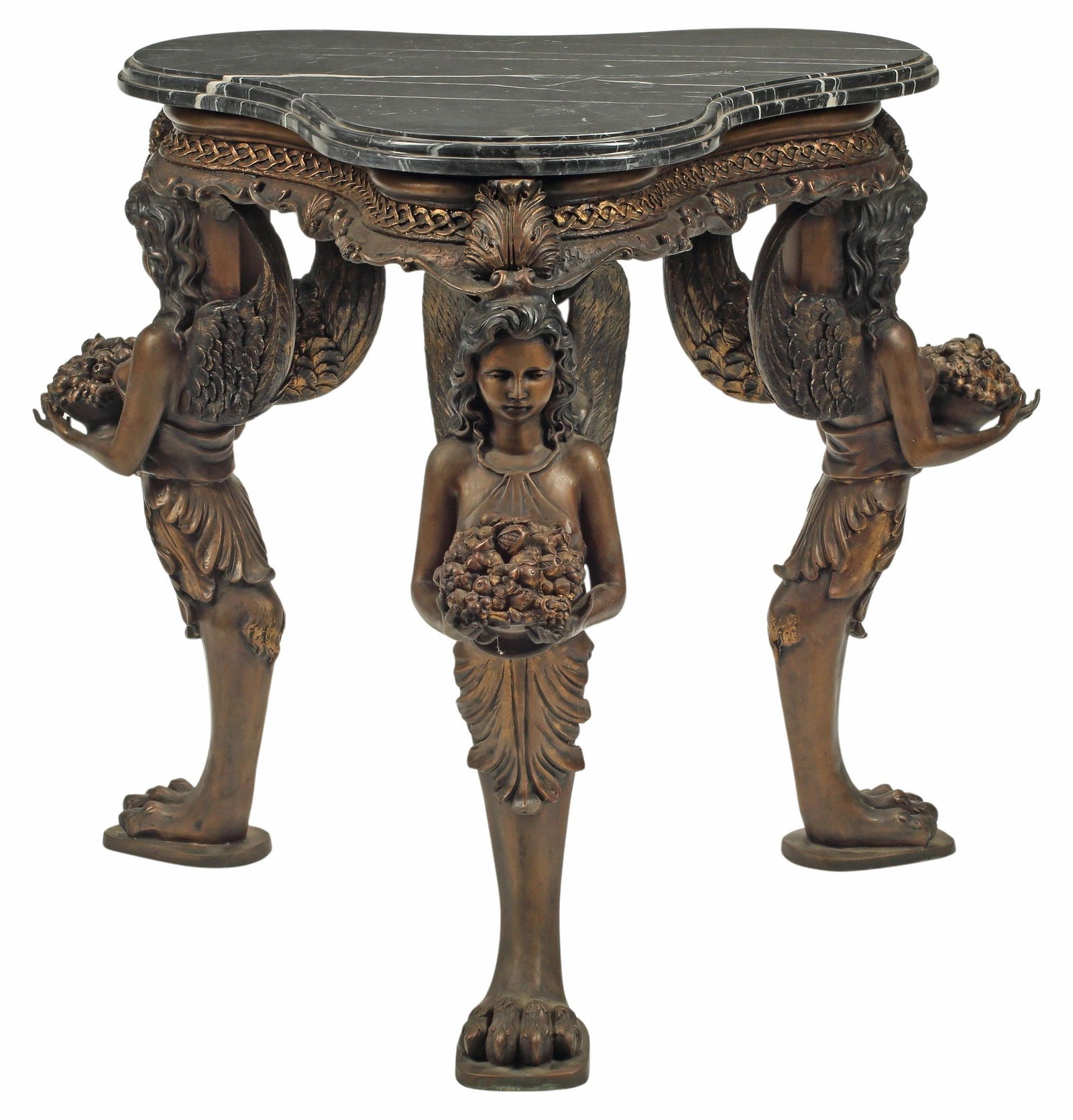 TRIANGULER PATINATED BRONZE MARBLE-TOP FIGURAL SIDE TABLE (1 of 5)