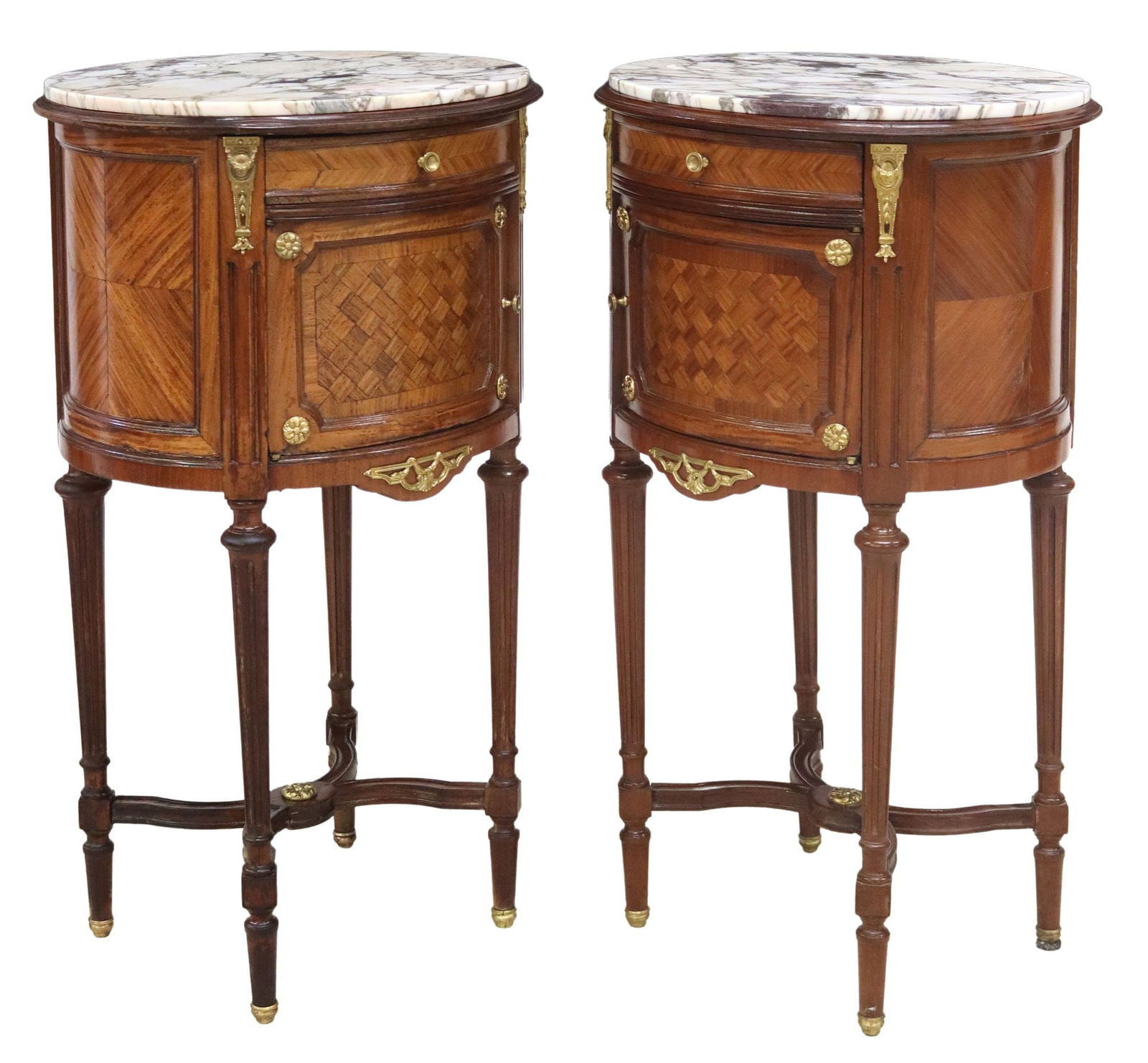 (2) FRENCH LOUIS XVI STYLE MARBLE-TOP ORMOLU & PARQUETRY NIGHTSTANDS (1 of 6)