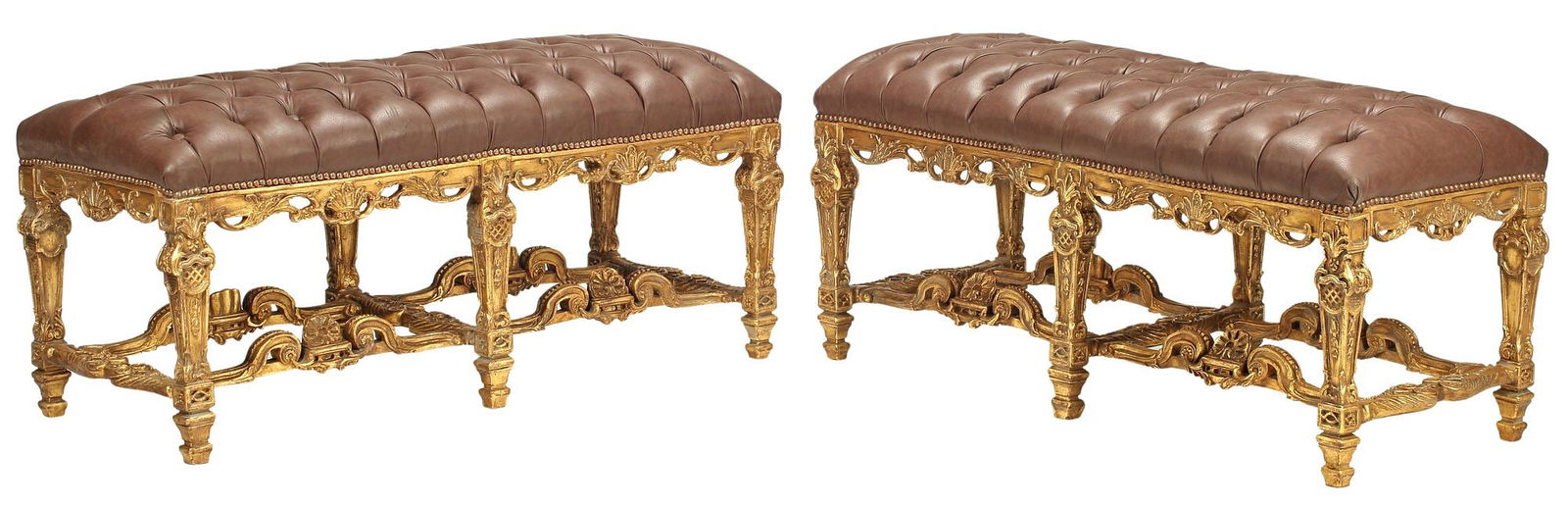 (2) REGENCE STYLE LEATHER-UPHOLSTERED GILT WINDOW BENCHES (1 of 5)