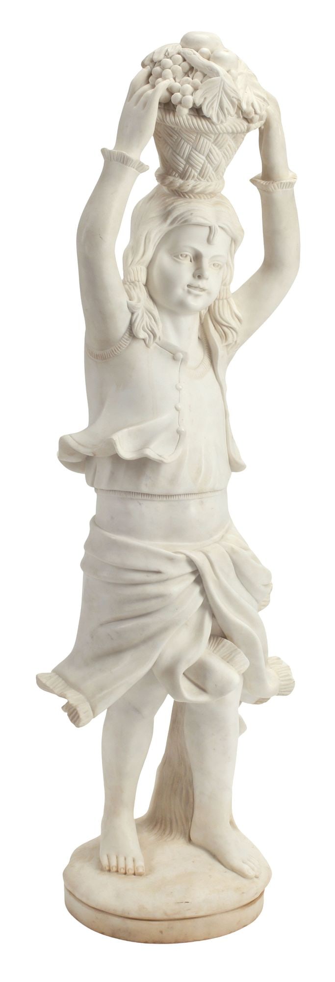 CARVED MARBLE FIGURAL SCULPTURE, GIRL WITH FRUIT BASKET, 47"H (1 of 6)