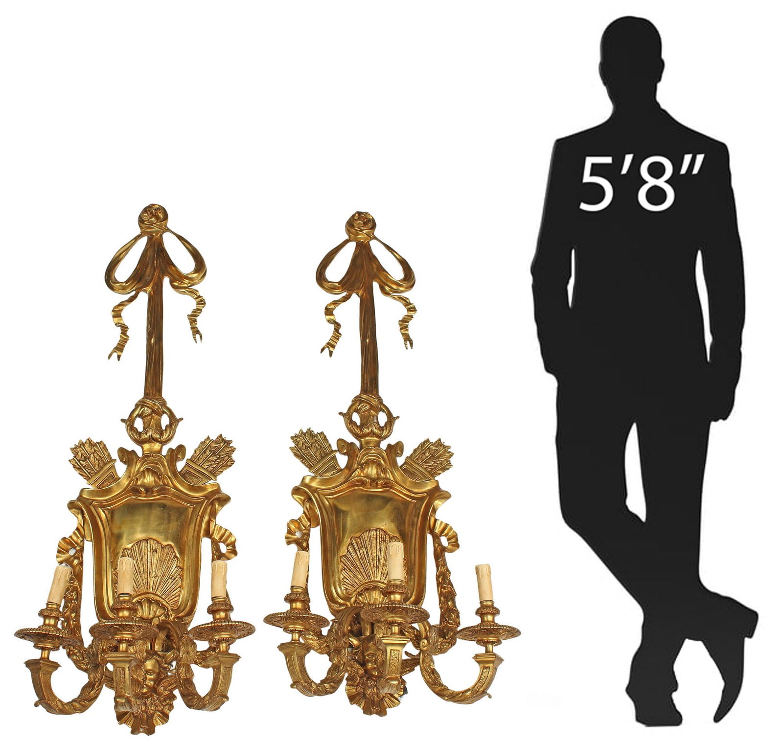 (2) MONUMENTAL LOUIS XVI STYLE ORMOLU 3-LIGHT WALL SCONCES, 47"H (1 of 6)