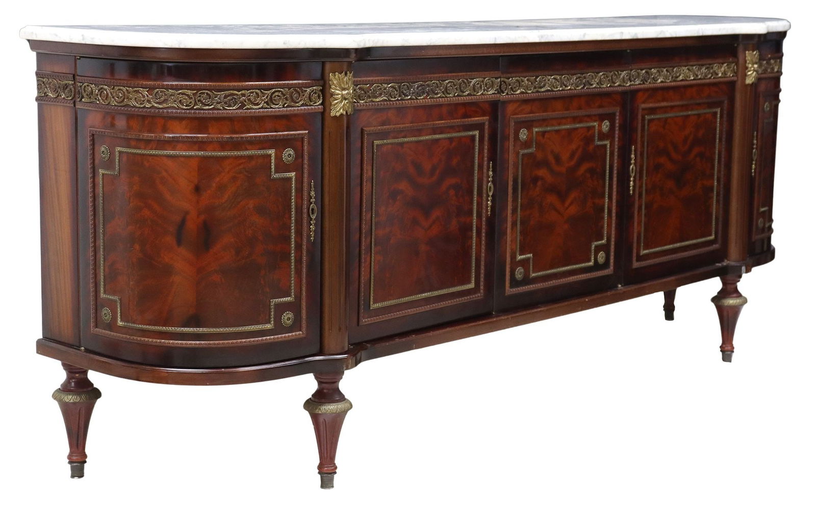 LOUIS XVI STYLE MARBLE-TOP FLAME MAHOGANY SIDEBOARD, 102"L (1 of 6)