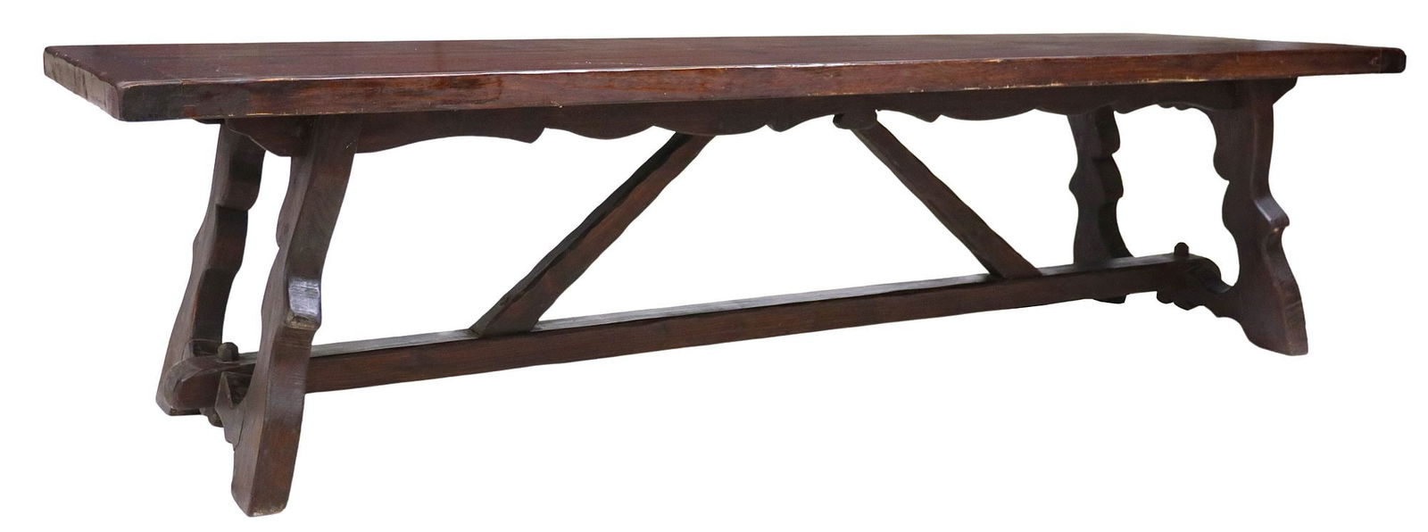 LARGE SPANISH BAROQUE STYLE TRESTLE DINING TABLE, 119"L (1 of 4)