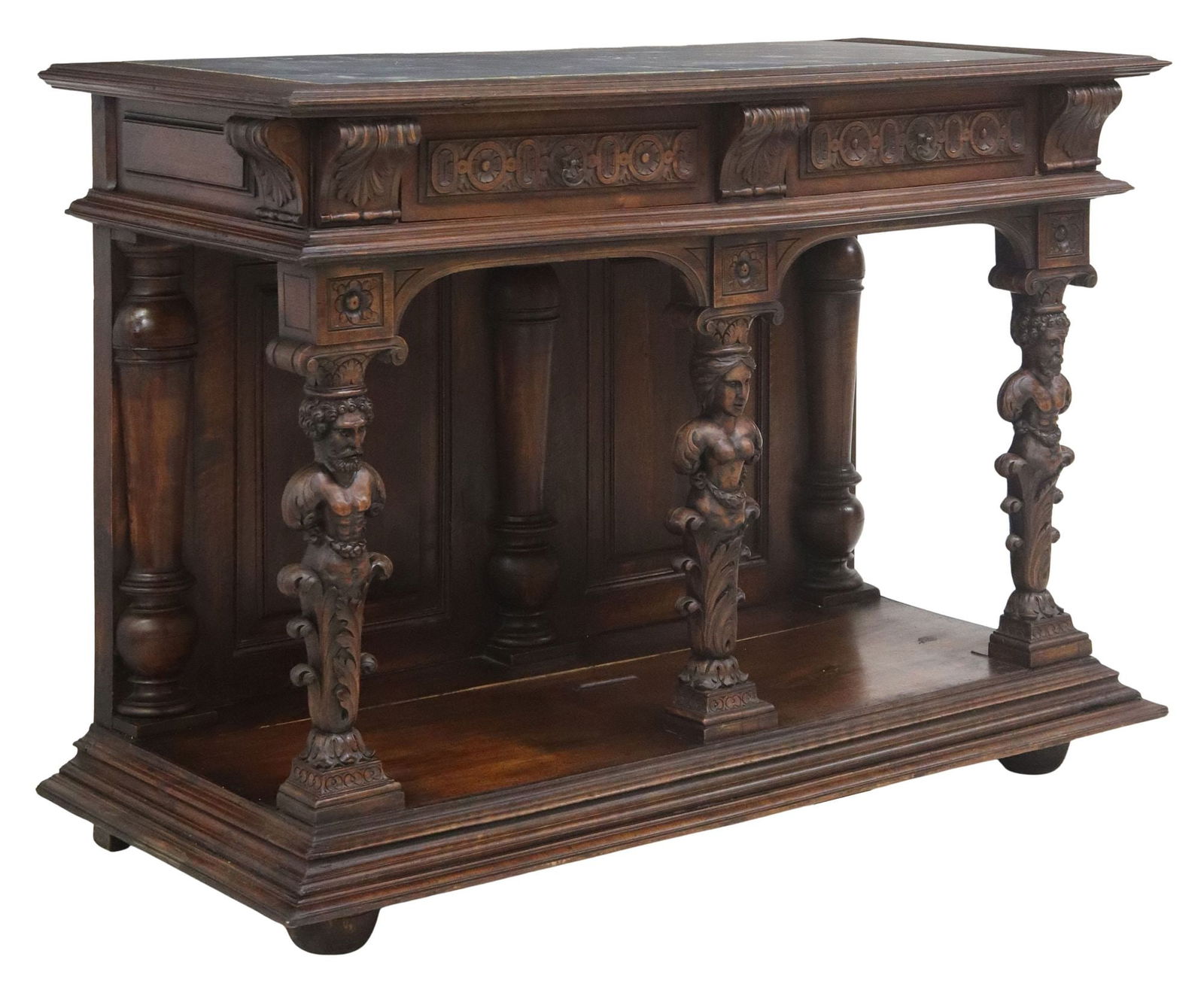 HENRI II STYLE MARBLE-TOP CARVED WALNUT FIGURAL CONSOLE TABLE (1 of 6)