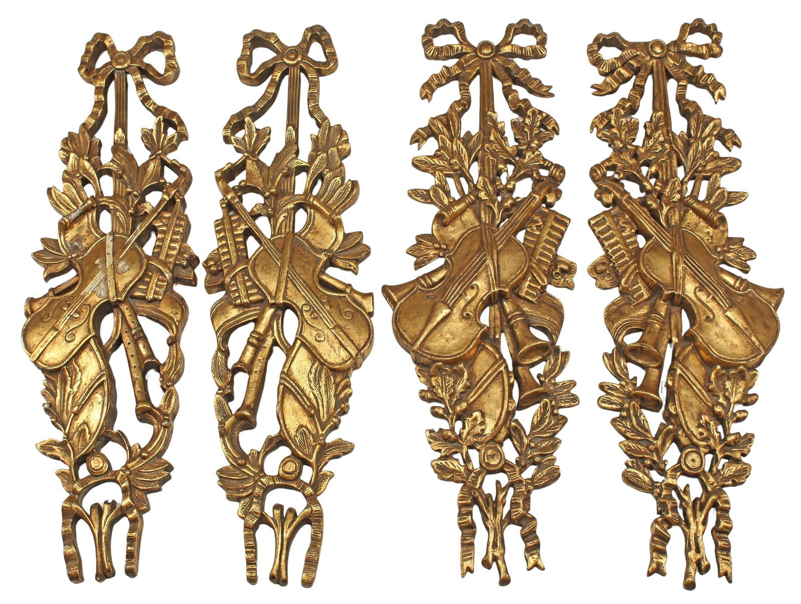 (4) LOUIS XVI STYLE GILTWOOD MUSICAL TROPHIES: (lot of 4) Louis XVI style giltwood wall trophies, each having ribbon crest, over foliate vines and instrument motifs, approx 36"h, 11"w, 20.7lbs total
