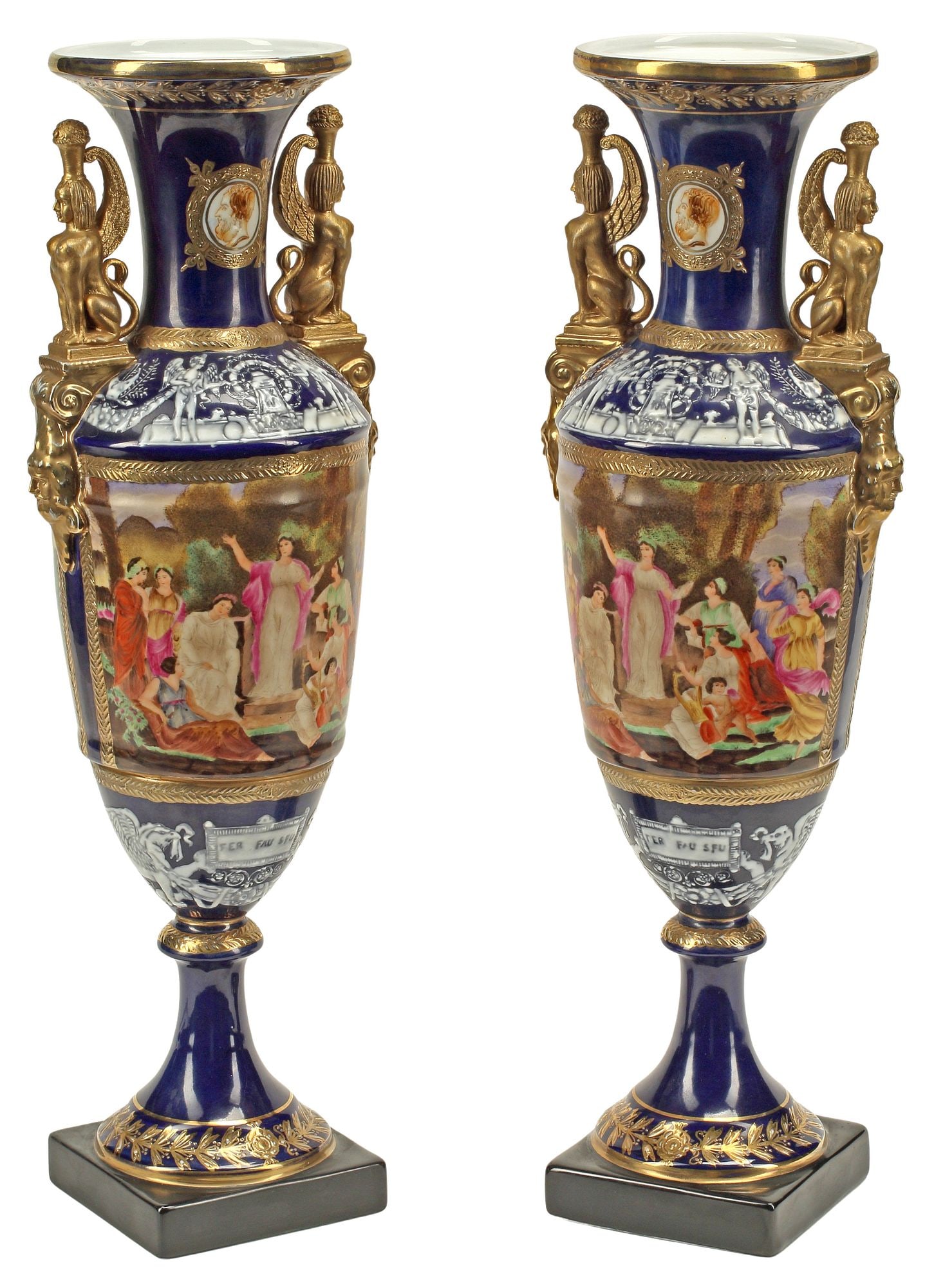 (2) NEOCLASSICAL-STYLE PARCEL-GILT PORCELAIN VASES SPHYNX HANDLES (1 of 6)