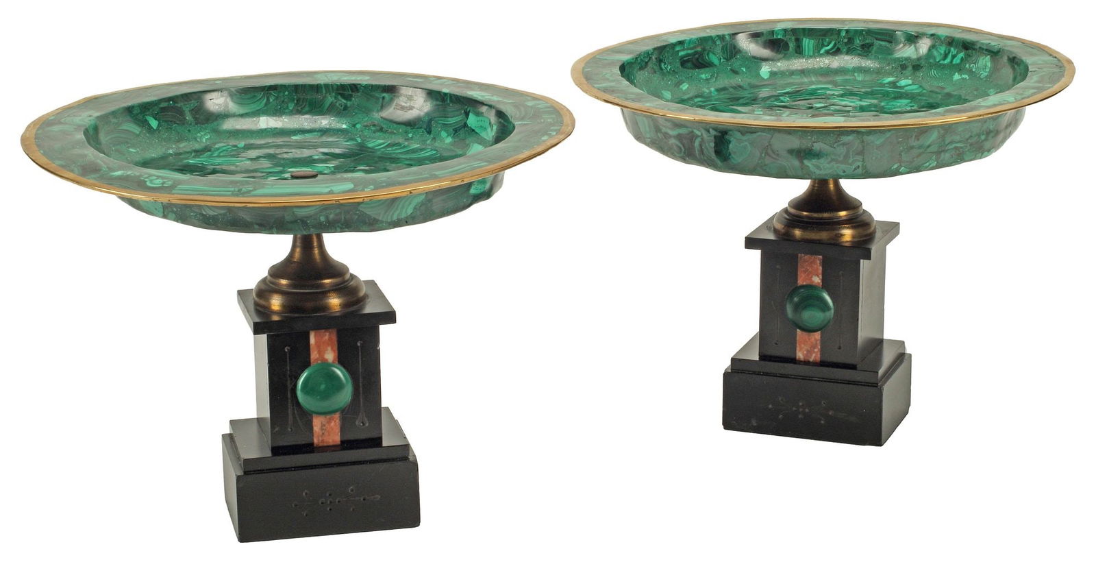 (2) NEOCLASSICAL STYLE MALACHITE & BLACK SLATE TAZZA-FORM GARNITURES (1 of 3)